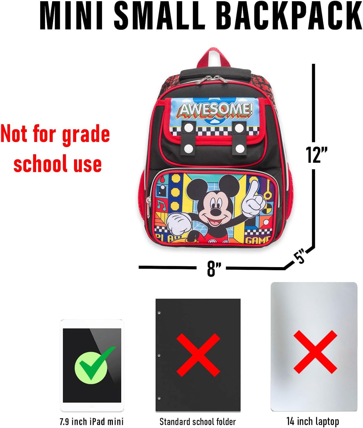 Disney Mickey Mouse Mini Backpack for Kids - Bundle with 12" Small Bag for Boys Plus Water Bottle, Stickers | Mickey Mouse Backpack Purse for Kids, Toddlers.
