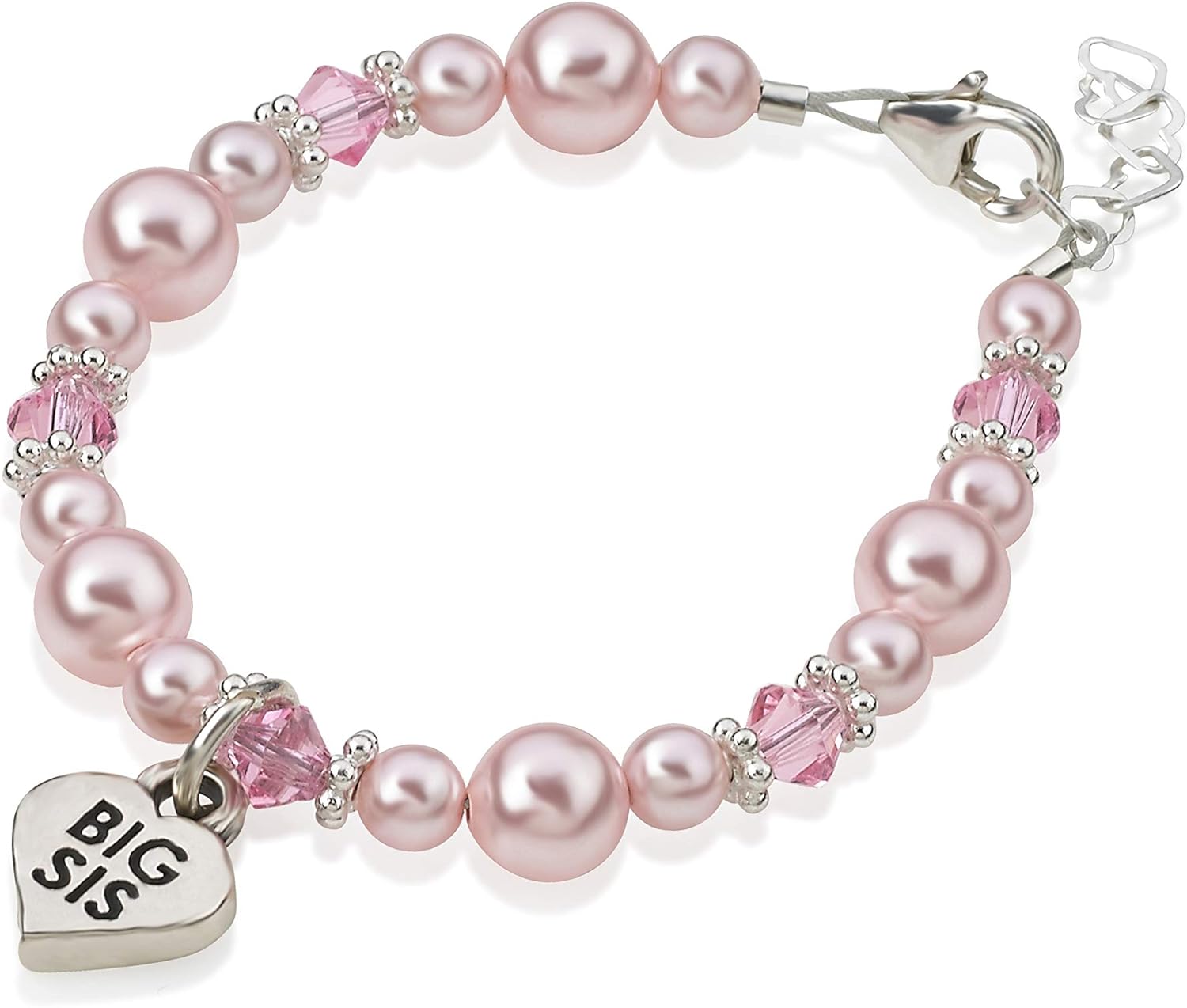 Crystal Dream Elegant Big Sister Heart Silver Charm with Pink European Simulated Pearls Keepsake Child Girl Bracelet (BBSM)