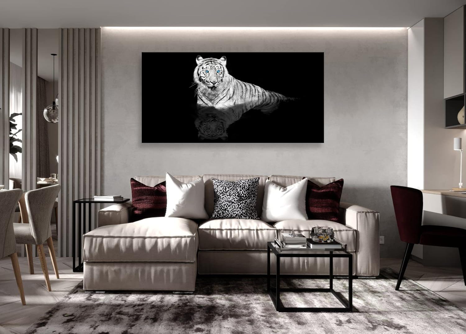 D01350 Black & White Tiger Canvas Wall Art Wild Animal Print Picture 1 Panel Blue Eyed Tiger Painting Artwork for Kitchen Office Home Wall Decor Stretched and Framed Ready to Hang 20.00" x 40.00" Black