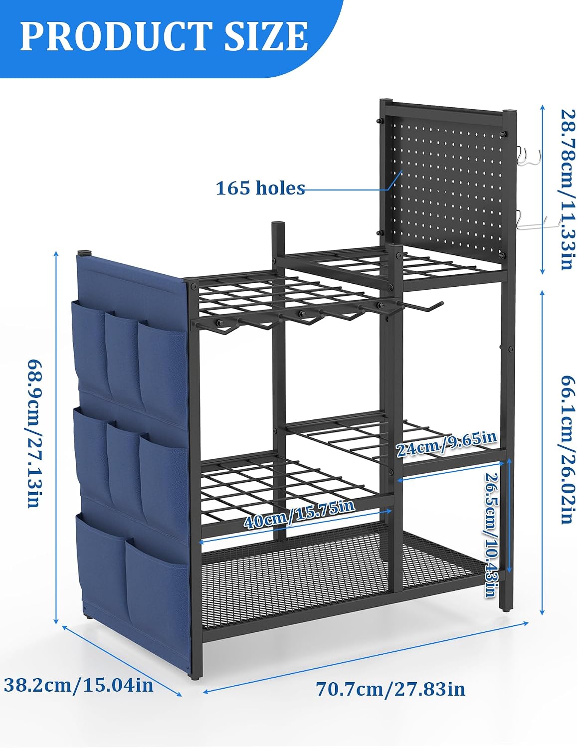 Garden Tool Organizer with Pegboard, Yard Tool Holder Standing for Garage Organization, Up to 30 Long-Handled/10 D-Handled Tools/Rake/Broom/Shovel/, with Side Storage Pocket