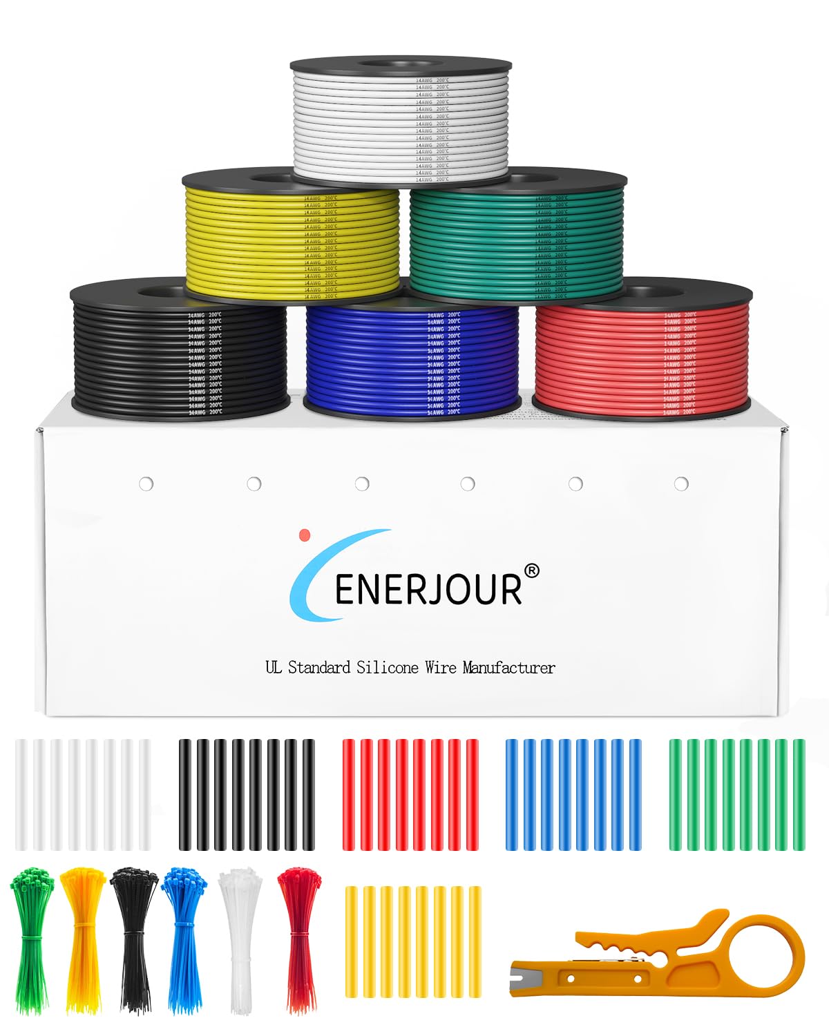 ENERJOUR 14 Gauge Wire 120FT, 14 AWG Flexible Silicone Cable, 6 Colors Each Wire Spool 20FT, Stranded Tinned Copper Cable Hook up Wiring kit for 12V