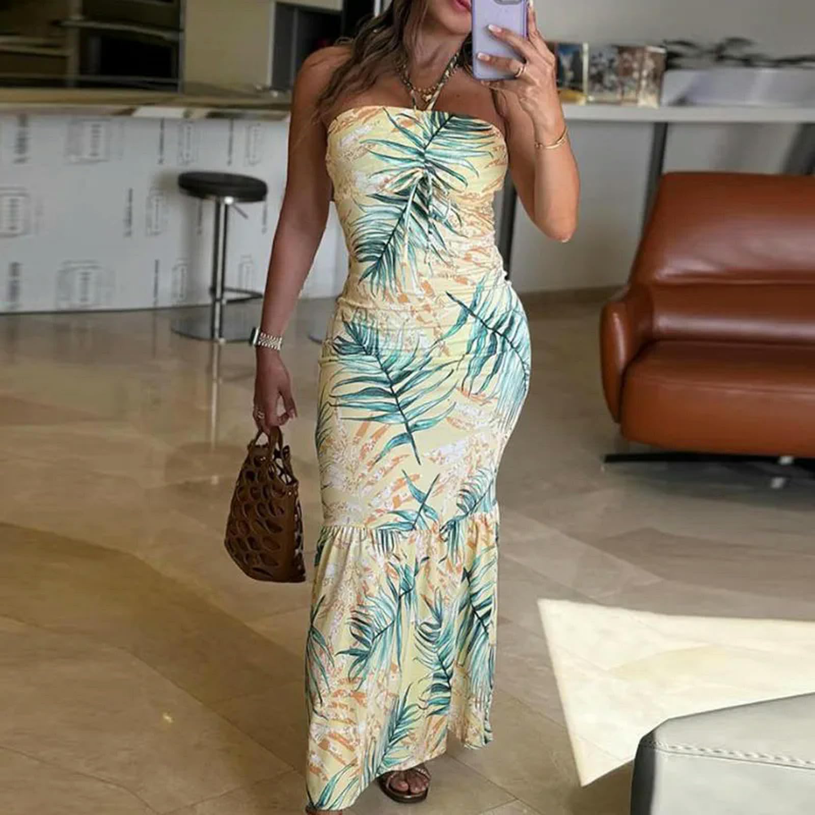 Vestido Envolvente Sexi con Cuello Halter y Espalda Descubierta para Mujer, Vestido Playero Bohe con Estampado Elegante, Vestido de Verano sin Mangas con Volantes 2024