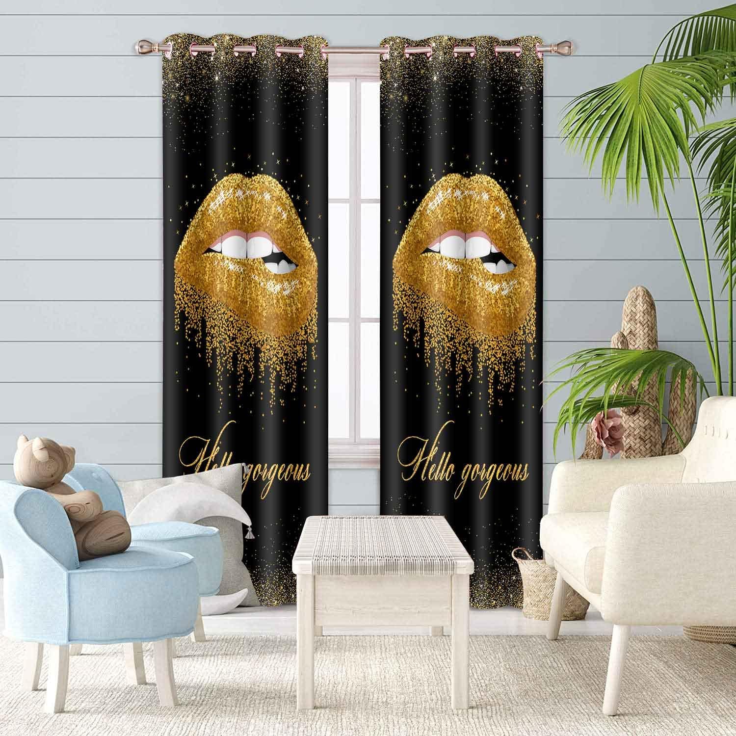 BSPPTI Lips Curtains for Bedroom, Hello Gorgeous Curtain Women Girls Room Darkening Thermal Insulated Blackout Window Drapes for Living Bedroom, 42"x 84", 2 Panels(Black Gold), CLZYSP302