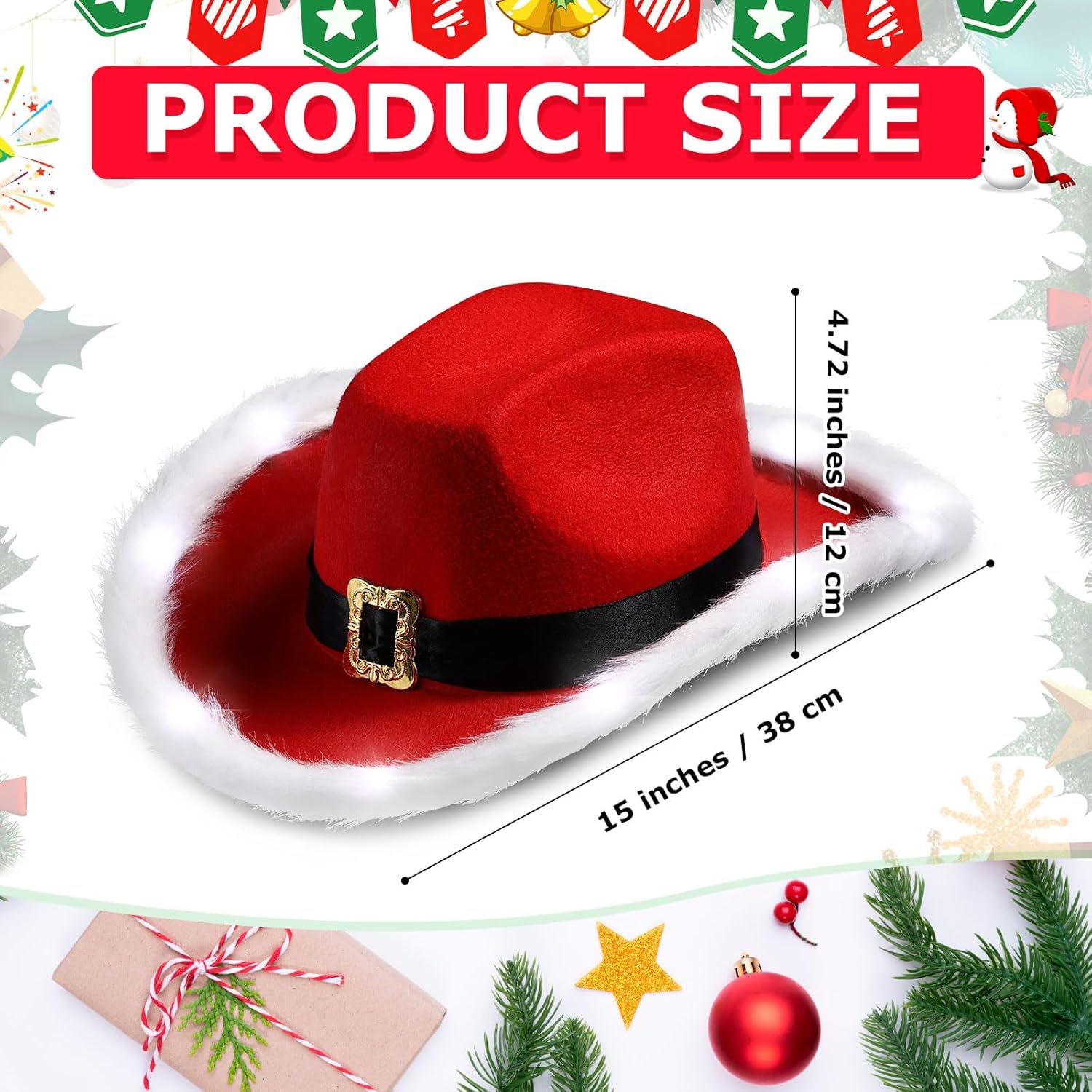 JaGely 6 Pieces Light Up Santa Claus Cowboy Hats Set, Christmas Cowgirl Hat with Lights, Red and White Festival Cowboy Hats for Women, Men Xmas Western Costume Accessories - Image 2