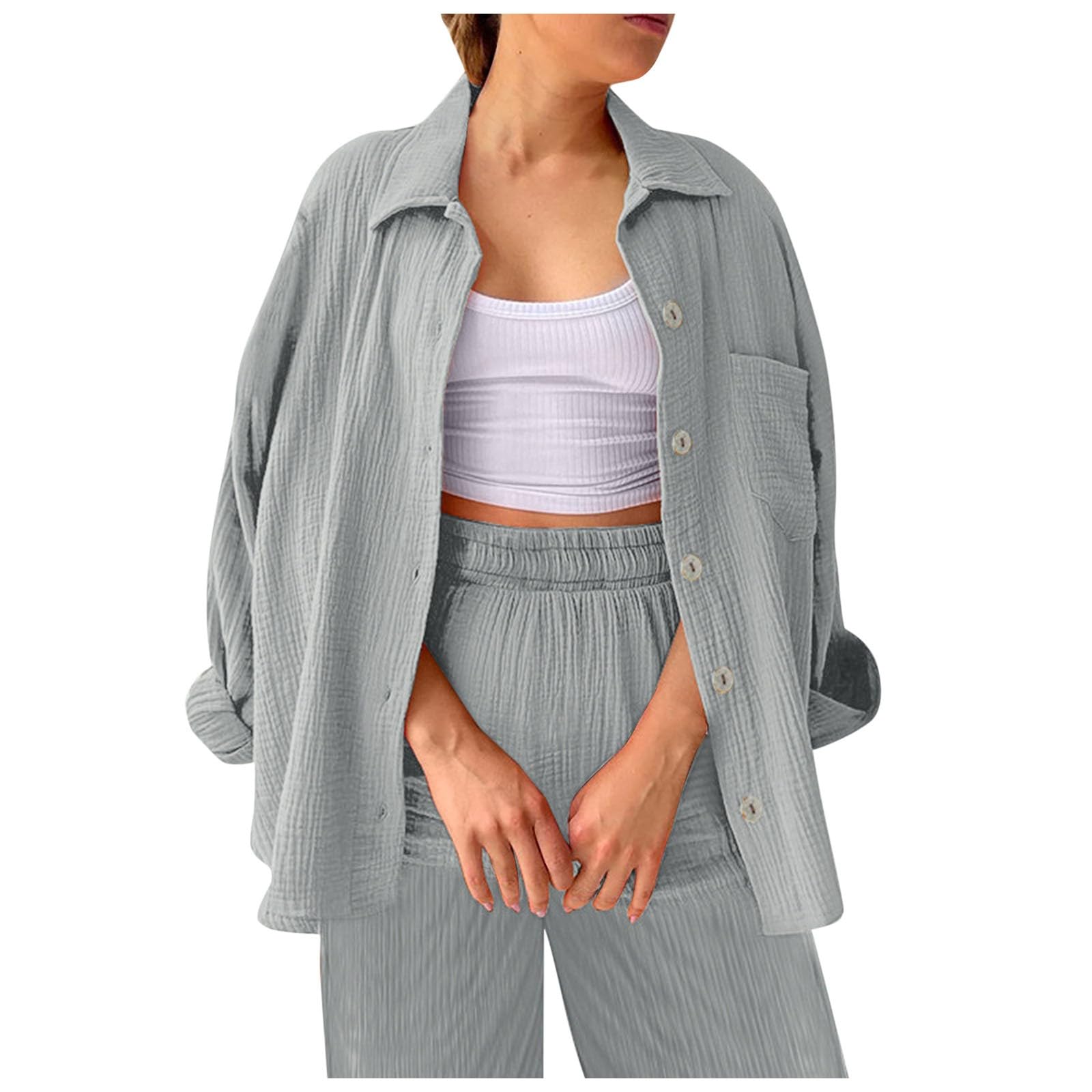 Leinen Set Damen Zweiteiler Musselin Hosenanzüge Elegant Langarm Top Und Hose 2 Teiler Leinen Baumwolle Freizeitanzug Casual Leicht Anzug Loungewear Set