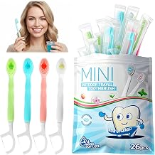 Pack of 26 Mini Toothbrushes to Go Disposable Toothbrushes with Toothpaste, 5 in 1 Disposable Toothbrushes with Floss, Tongue Scraper & Toothpick, Travel Toothbrush, Individually Packed for On the Go