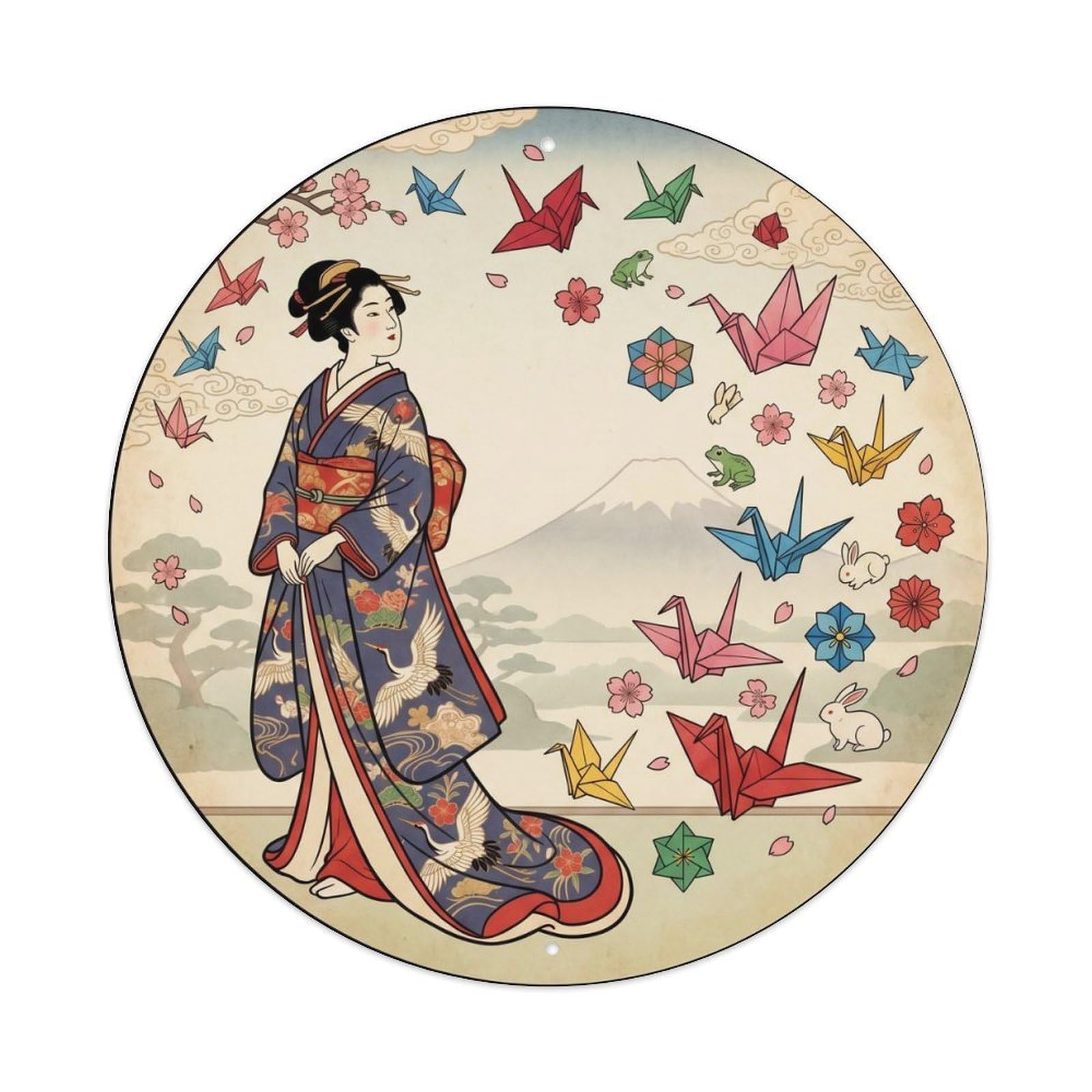 Galvaxio Style Japanese Kimono Woman Observing Origami Cranes Floating Metal Tin Sign