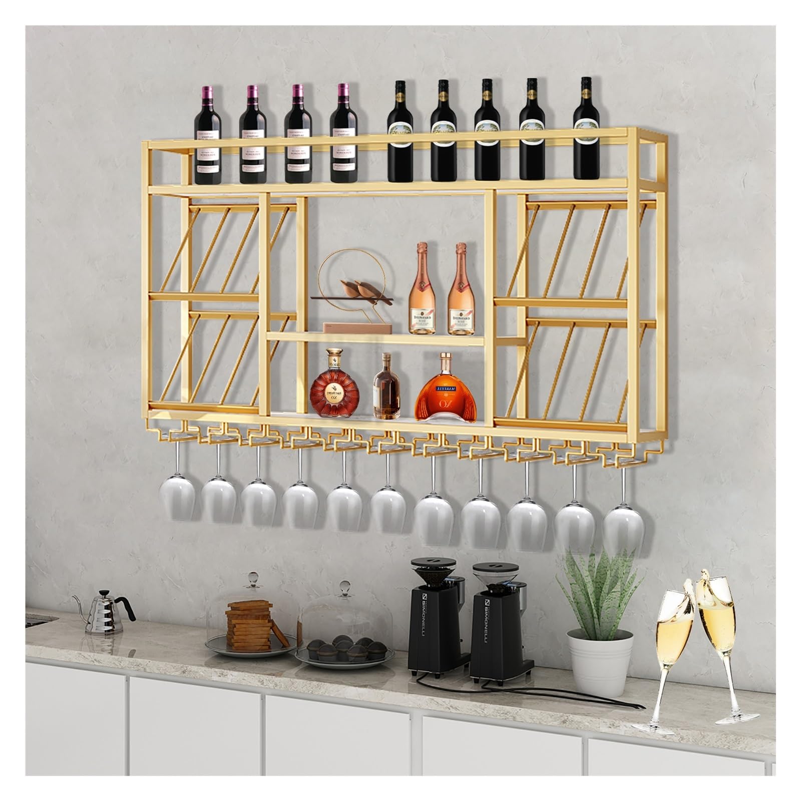 Casier à vin mural en métal doré 140cm avec LED étagère bouteille bar