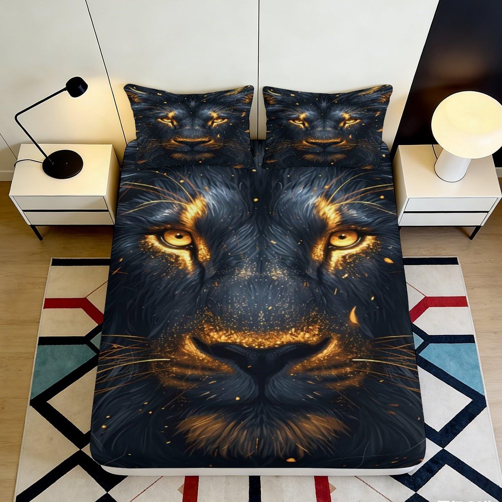 3D Printed Golden Lion Fitted Sheet Microfiber Soft Mattress Cover for Bedroom Dorm Protection Decor 90x200x25cm