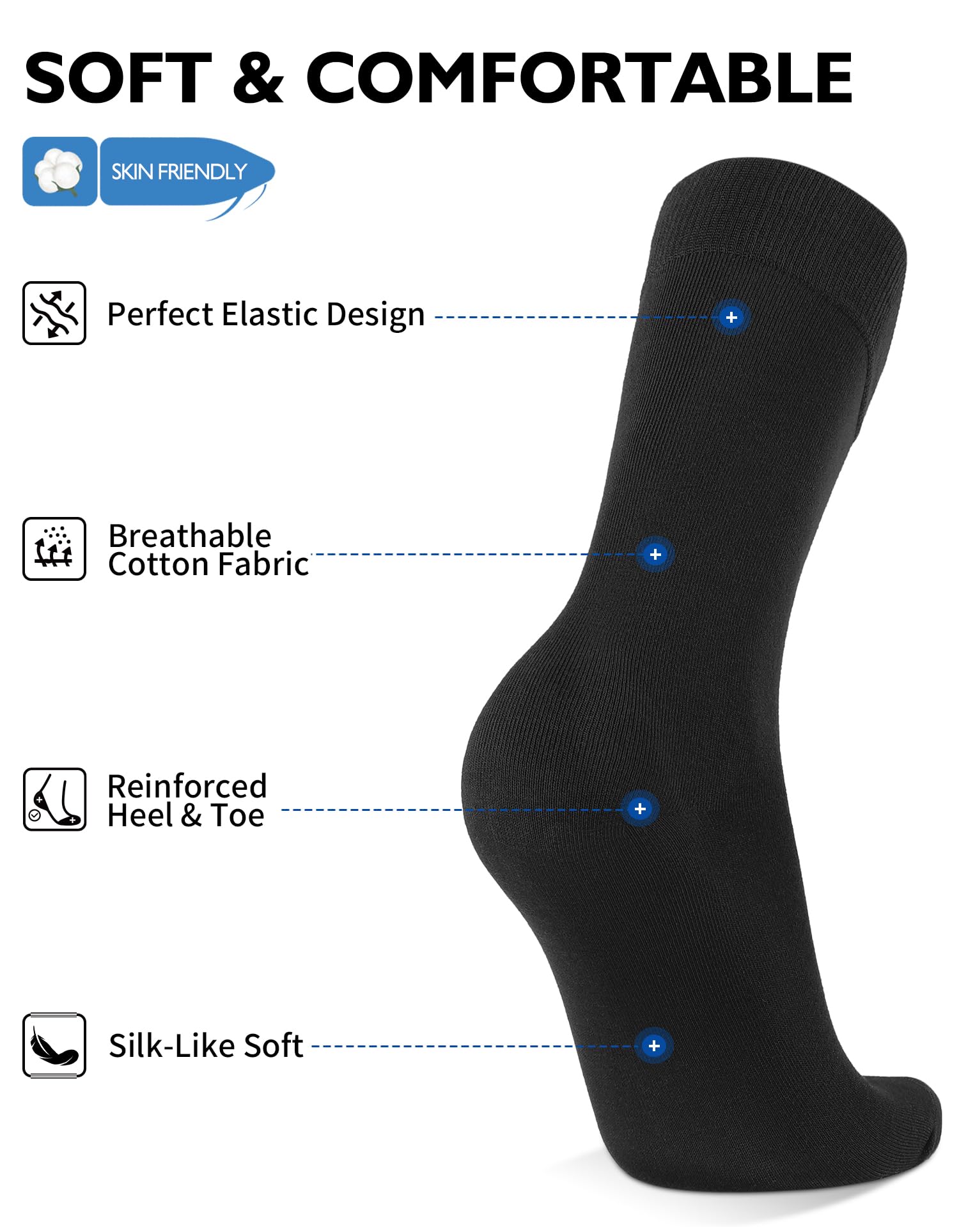 CLOSEMATE 6 Pares Calcetines Ejecutivos Hombre Altos Finos Transpirables Largos Sin Costuras de Trabajo Elásticos Traje Vestir Algodon Negros