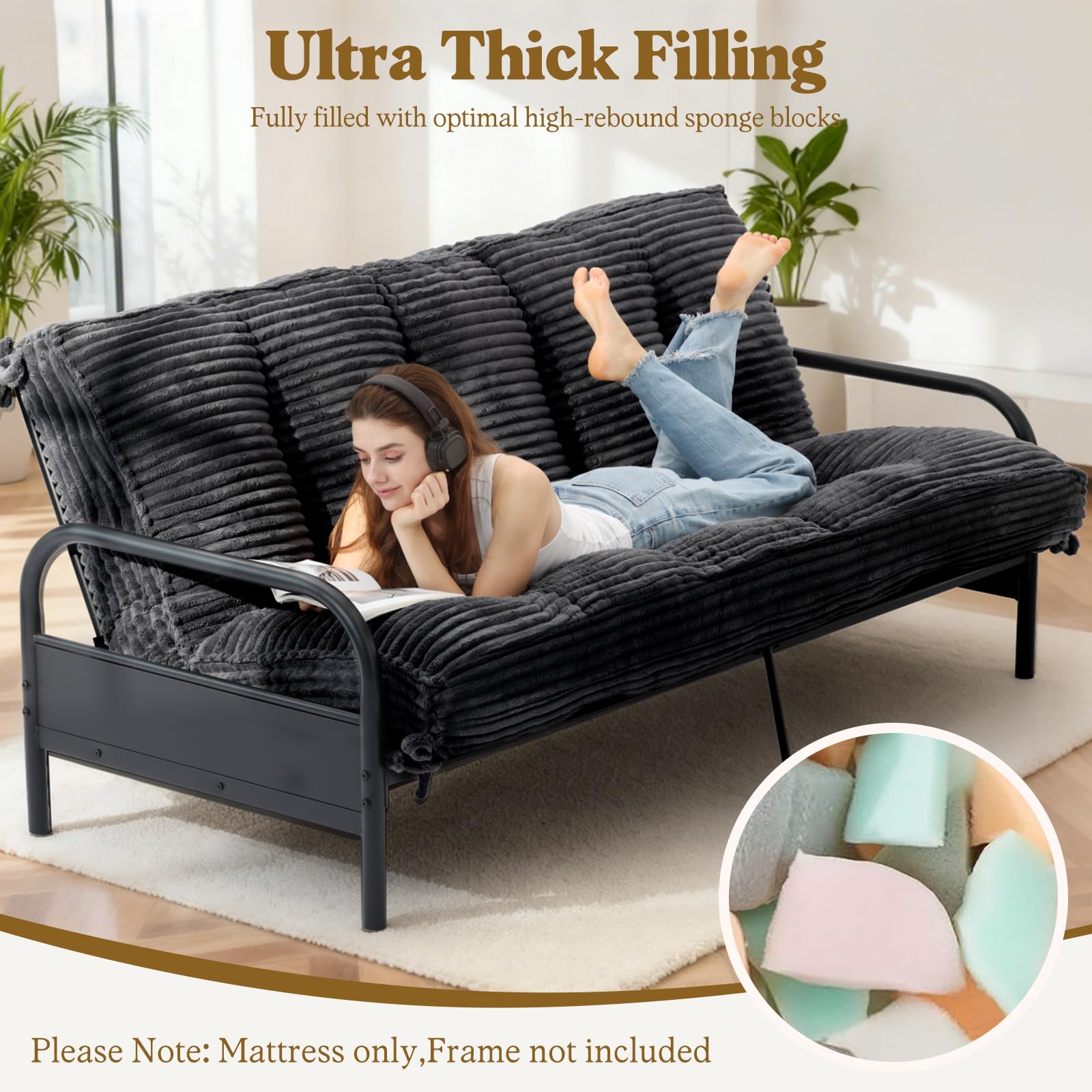 10" Futon Mattress Full Size, Ultra Thick Futons Sofa Couch Bed Sleeper Sofa Bed, Versatile Floor Futons Japanese Floor Mattress for Adults, Black (Frame Not Included)
