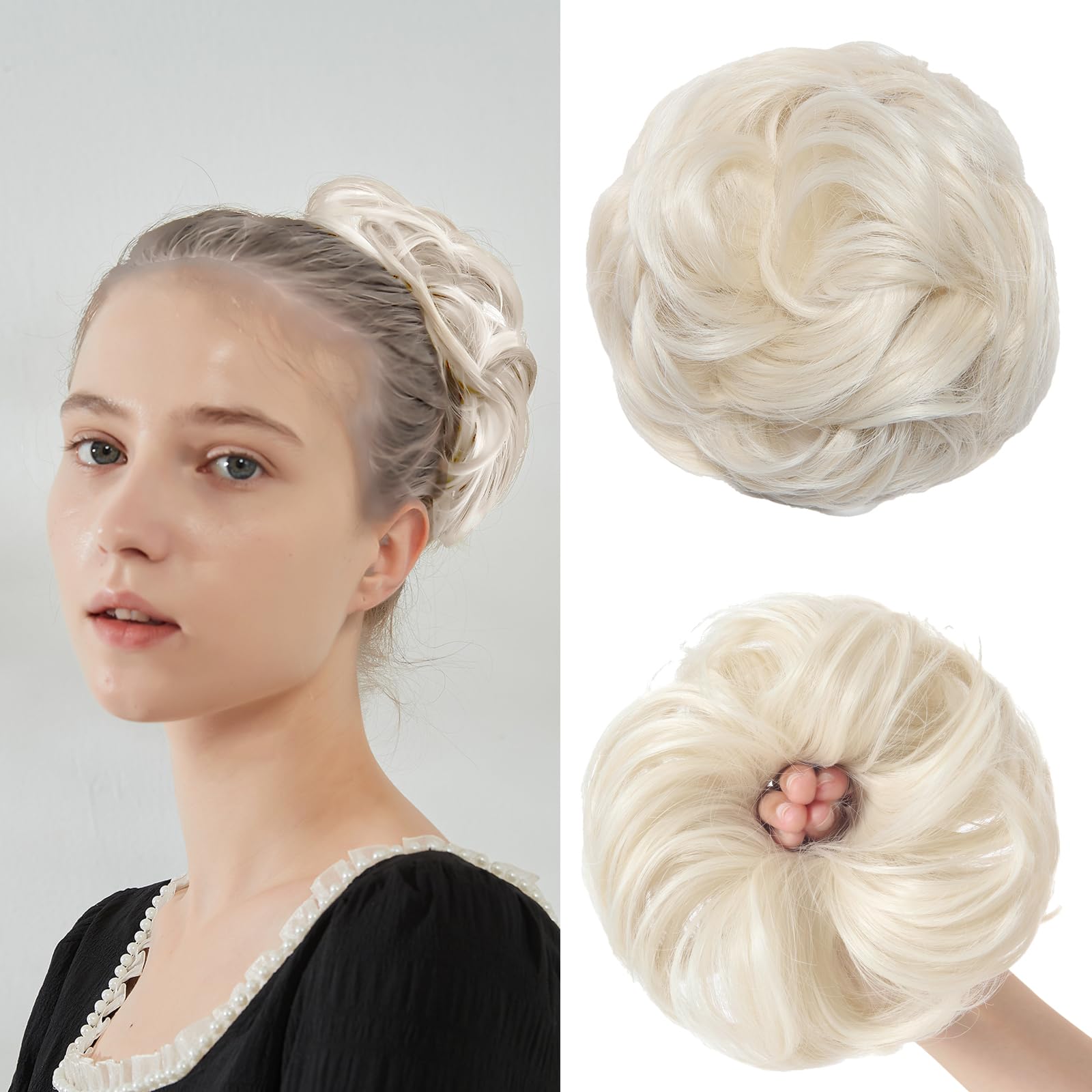 BwelsZJ Large Messy Bun Hair Piece Curly Synthetic Extensions Scrunchies Fake Chignon Updo Hairpieces for Women Platinum Blonde