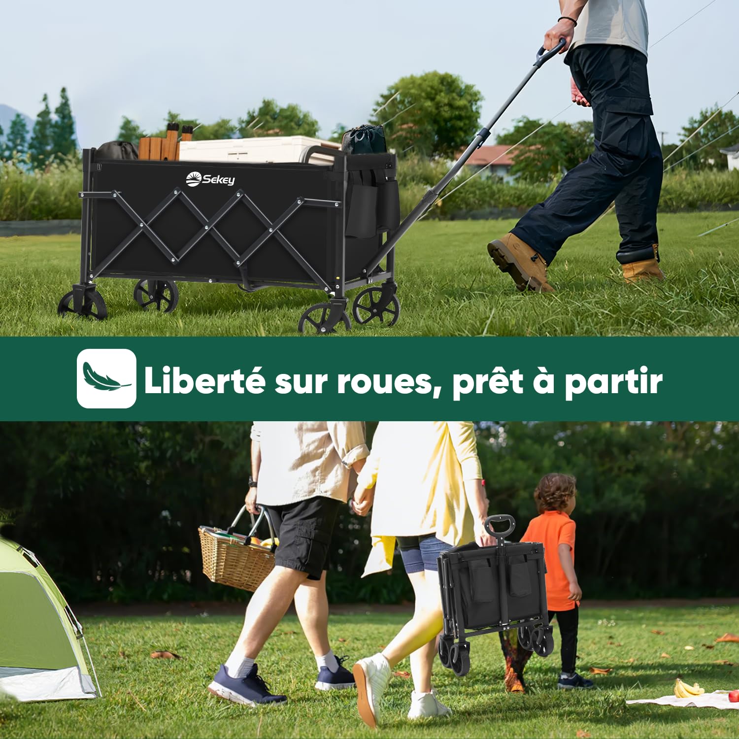 Sekey Chariot Pliable 60L 80 kg Capacité Compact Léger pour Courses et Poignée Réglable Mini 4029, Noir