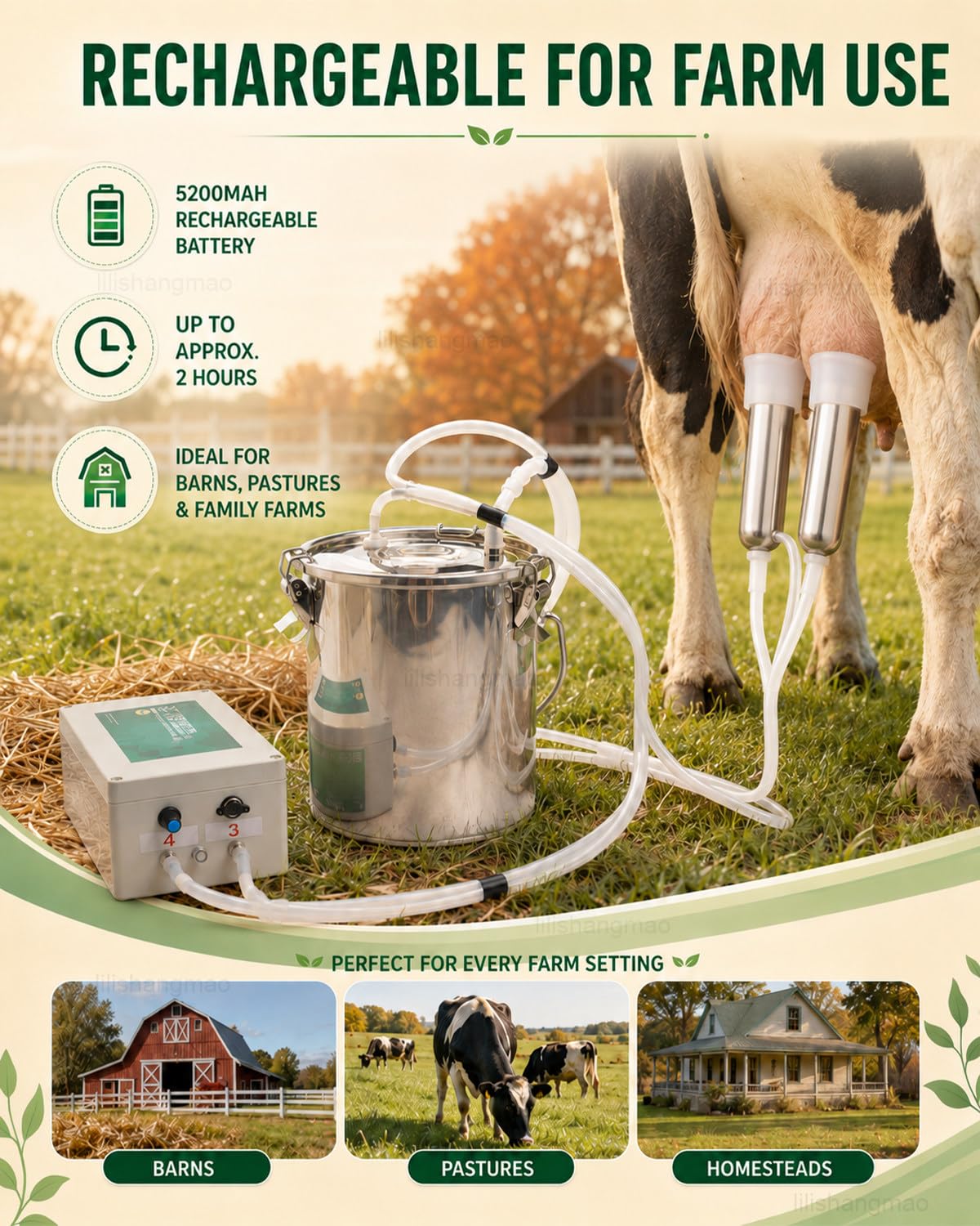 Ordeñadora para Cabras, Máquina De Ordeño para Vacas con Cubo De Acero Inoxidable De 10 L, Batería De 5200 mAh, Parada Automática Y Pezoneras Separadas para Ganado Mixto forCattle