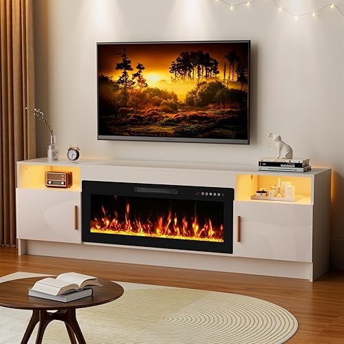 70'' TV Stand with Fireplace-White Entertainment Center for 75+ inch TV- TV Cabinet with LED Light, Storage, High Glossy Door, Modern TV Console for Living Room