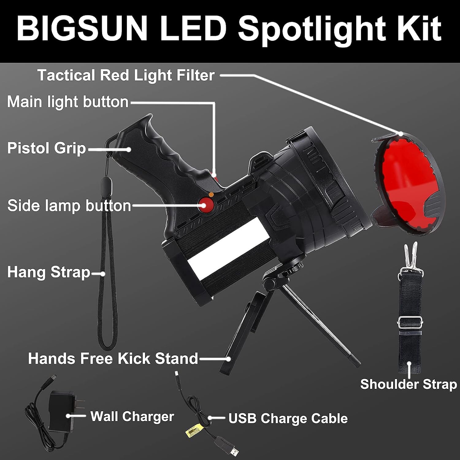 BIGSUN Rechargeable Spotlight Flashlight Attachments Image