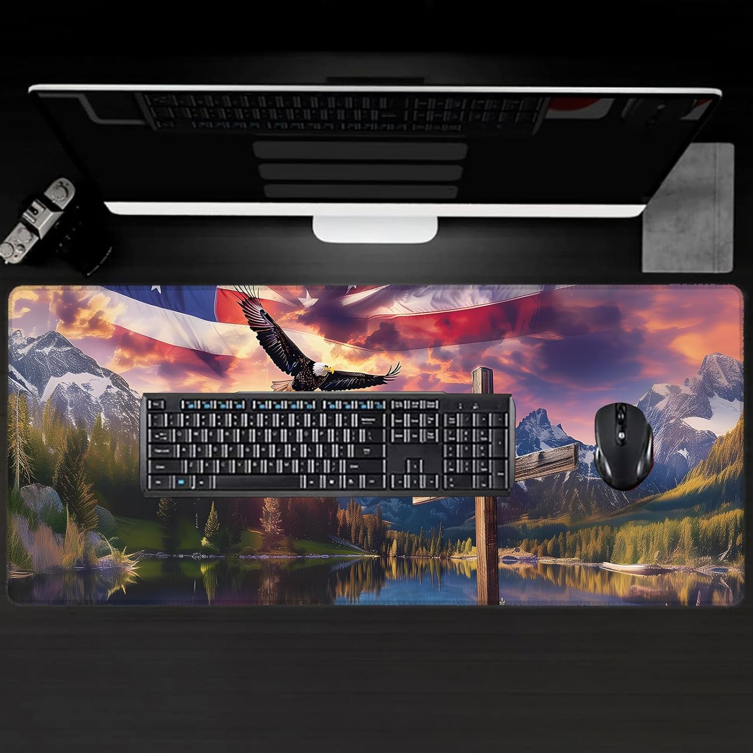 Majestic Eagle Large Gaming Desk Mat,Rubber Non-Slip American Flag Mouse Pad,31.5x11.8x0.12in Extended Cross Patriotic Mousepad,Game Lover Mice Pads Gifts,Office Home Deskmat Decor - Image 2