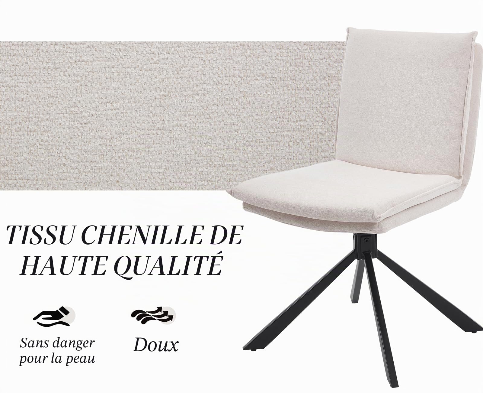 chairus Lot de 2 Chaise Pivotante Salle à Manger sans Accoudoirs, Chaises de Cuisine avec Pieds en Métal, Chaise Rembourrée en Chenille pour Salon, Blanc-2