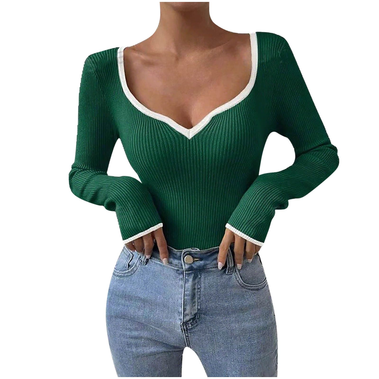 Sweaters for Women Fall Long Sleeve V Neck Sexy Ribbed Knit Sweater Slim Fit Color Block Basic Casual