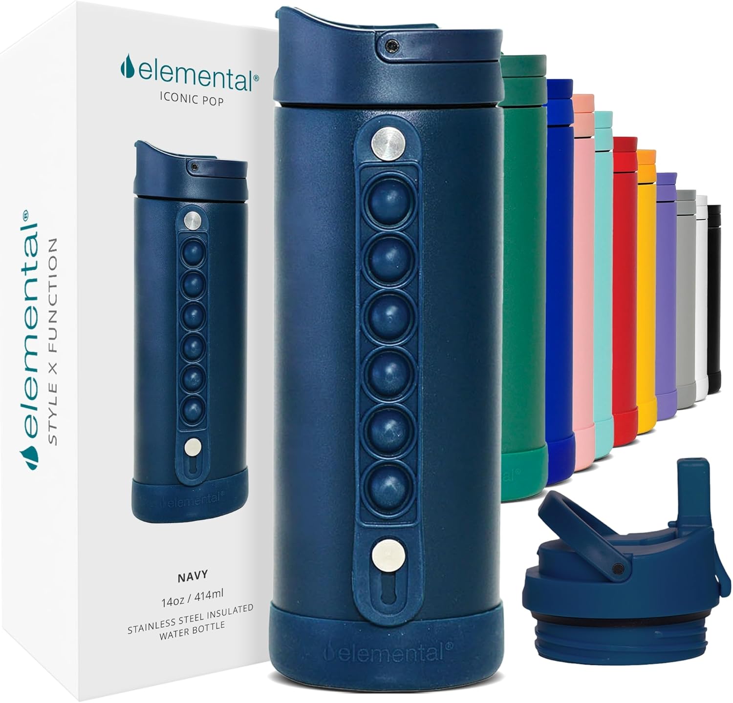 Elemental Iconic Kids Water Bottle for School - 100% Leak-Proof Insulated Water Bottles with Straw Lid & Pop-It Handle for Boys & Girls - Triple-Wall Insulated & BPA-Free, 14oz โ Navy Blue