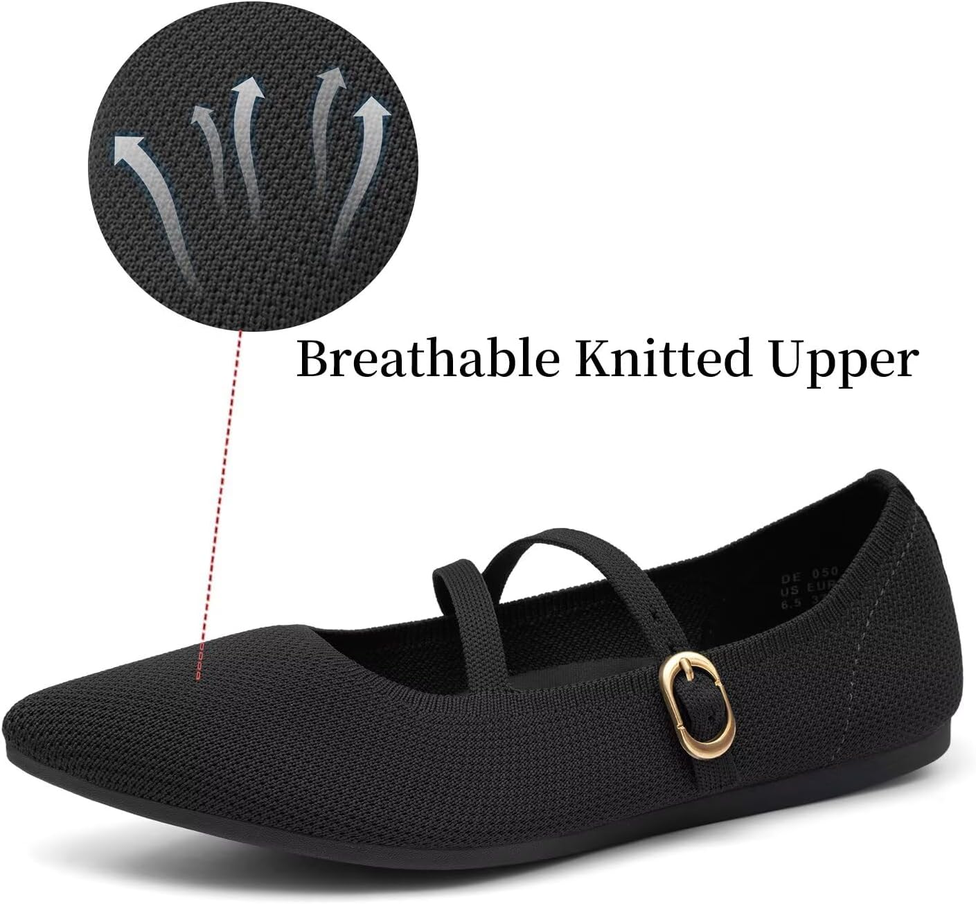 Women's Mary Jane Flats Knit Ballet Flats Pointed Toe Comfortable Ballerina Walking Dressy Office Slip-on Shoes with Adjustable Straps - Image 2