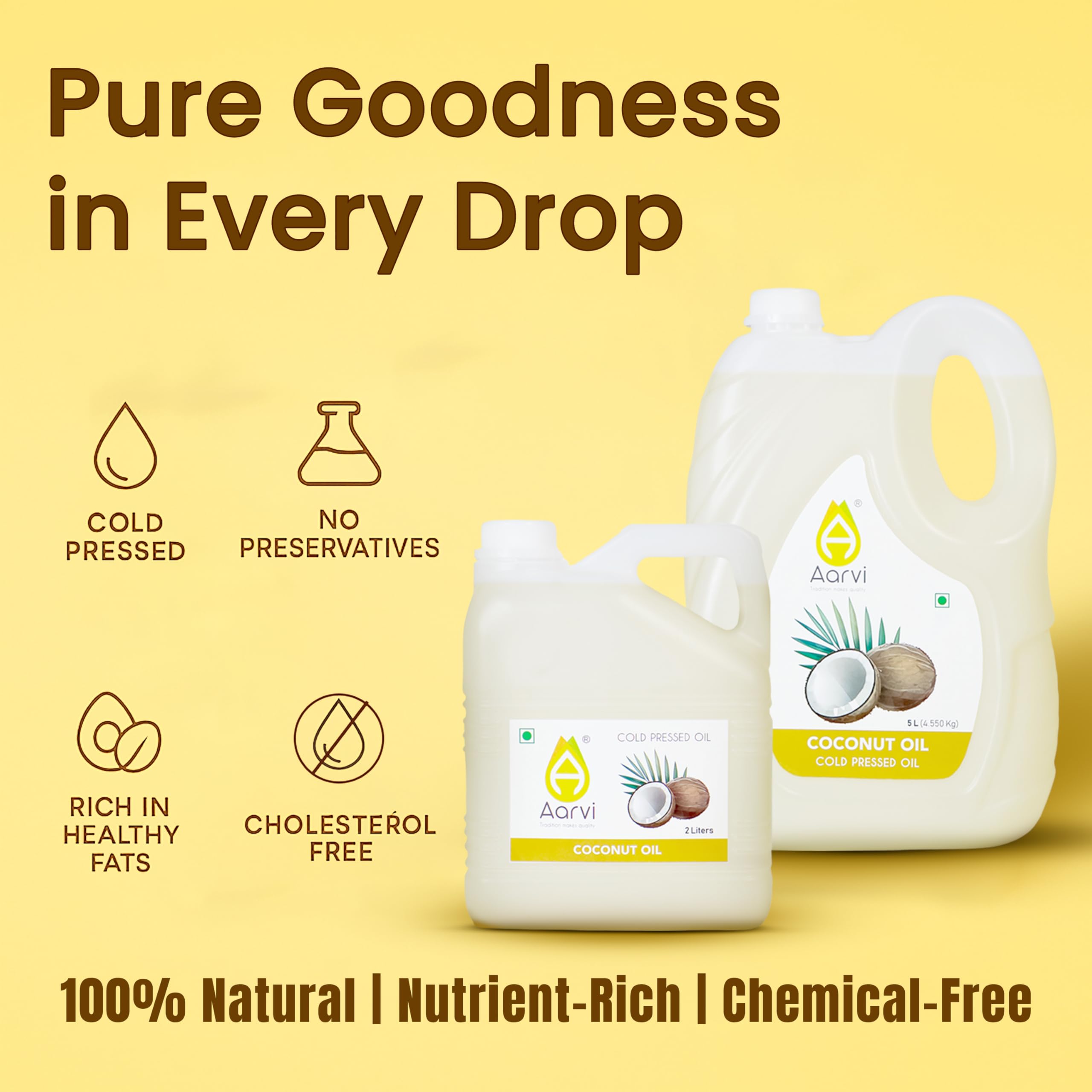 AARVI Cold Pressed Coconut Oil 5 Litre | 100% Pure & Natural | Coconut Oil for Hair Growth, Skin Care & Baby Massage | Non-Sticky | Glass Bottle 2