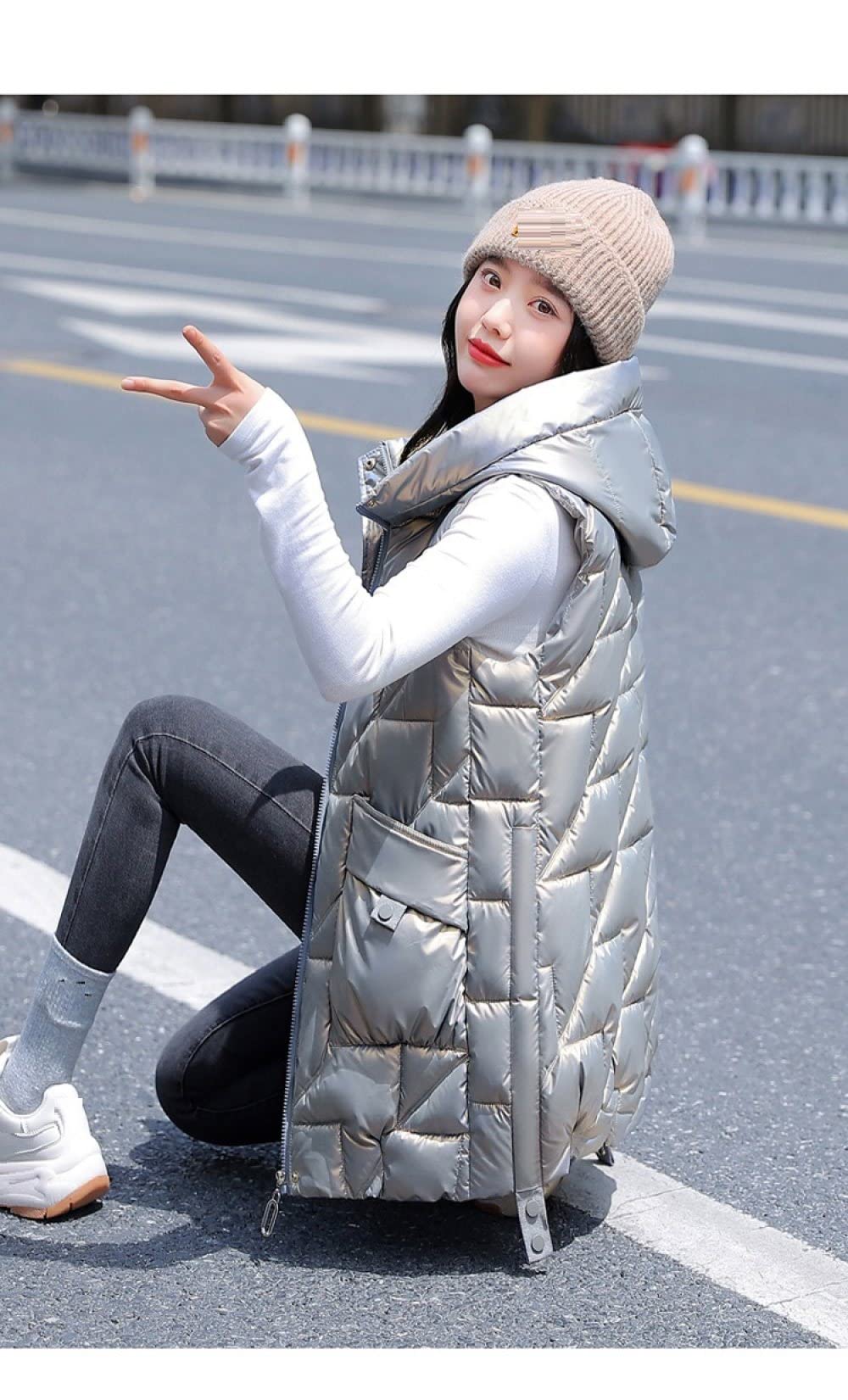 Gilet Donna Invernale,Gilet Lungo Trapuntato Cappotto Invernale Con Felpa Con Cappuccio Casual Grigio Lucido Gilet Senza Maniche Fashion Ripple Puffer Ladies Gilet Lungo Imbottito Di Transizione Per
