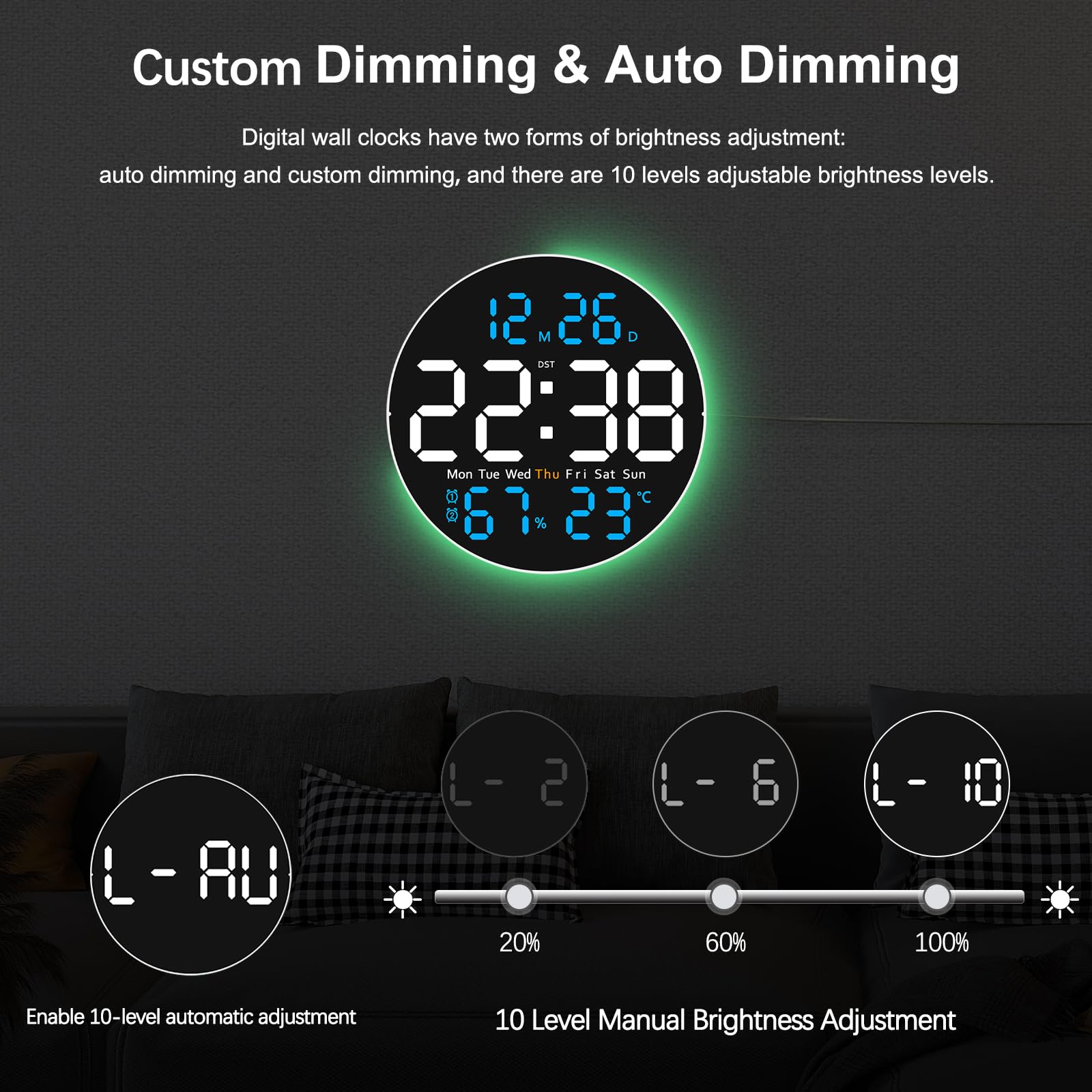 JoFomp Grande horloge murale numérique de 25,4 cm avec télécommande, écran LED, réveil numérique enfichable, luminosité automatique, DST, température, humidité, applicable à la salle de classe