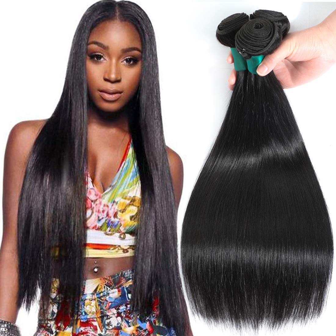 MisounHair Unprocessed Malaysian Virgin Hair Straight Hair Bundles Virgin Human Hair Extensions Weft Natural Black Color (100+/-5g)/pc Can be Dyed and Bleached (12 14 16)
