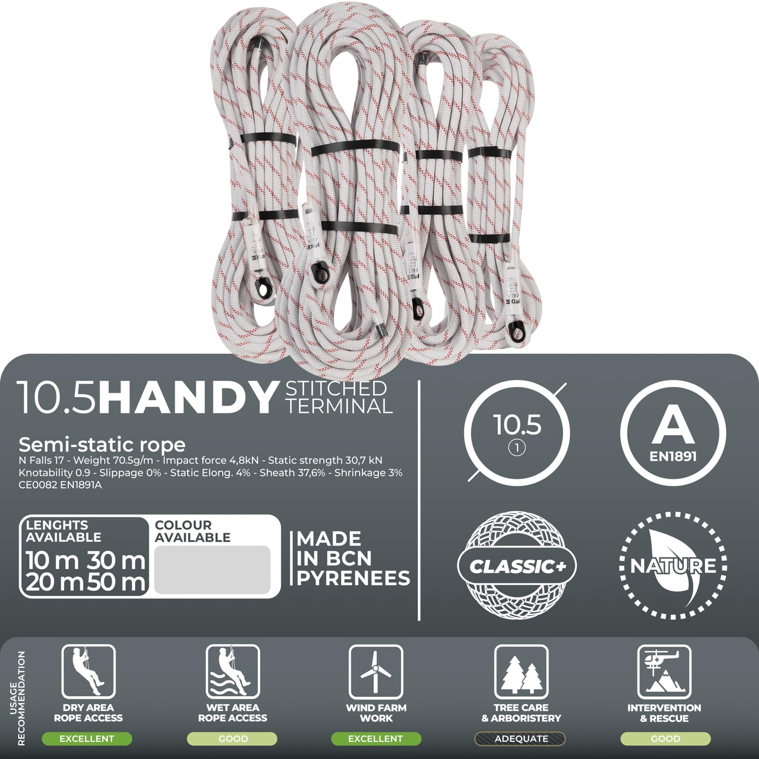FIXE - Cuerda Semiestática Handy Sewn Eye 10,5 mm - Anclaje Rápido y Constante - Tipo A EN1891 para Acceso por Cuerda y Trabajos Verticales