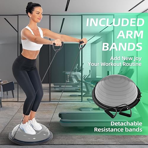 Miniatura 5 de Entrenador de pelota de equilibrio, media pelota para yoga con banda de resistencia y bomba de pie, mejora el entrenamiento de media pelota de