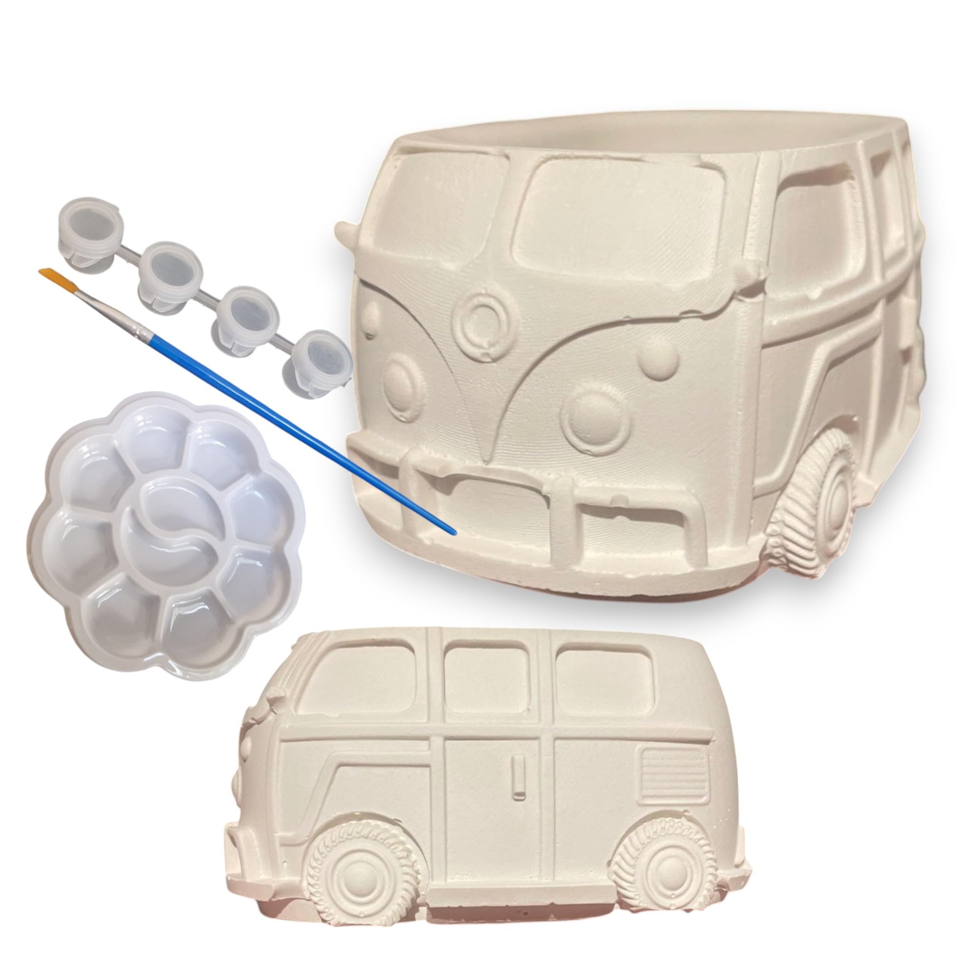 DIY Pottery Painting Kit, Retro Car Design, 10 x 4.8 cm, Plaster of Paris with 4 Acrylic Colours and Brush, Ready to Paint Pottery, Paint Your own Pottery, Hippie Vase, Handmade, Retro Car Pot