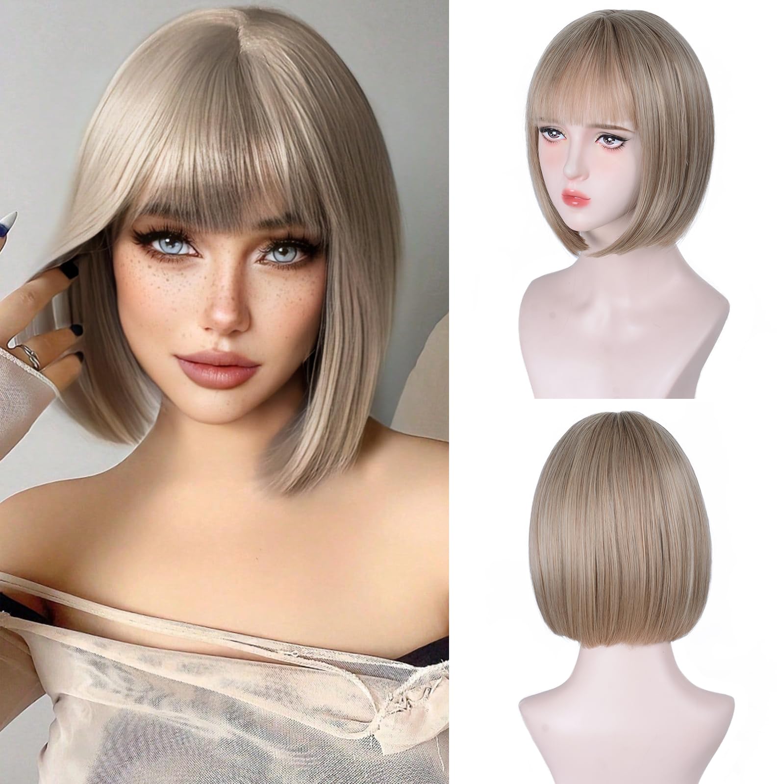 Ash Blonde Bob Wigs for White Women - 12'' Short Bob Wig With Bangs Natural Fashion Synthetic Wig Colorful Synthetic Hair for Daily Cosplay Halloween