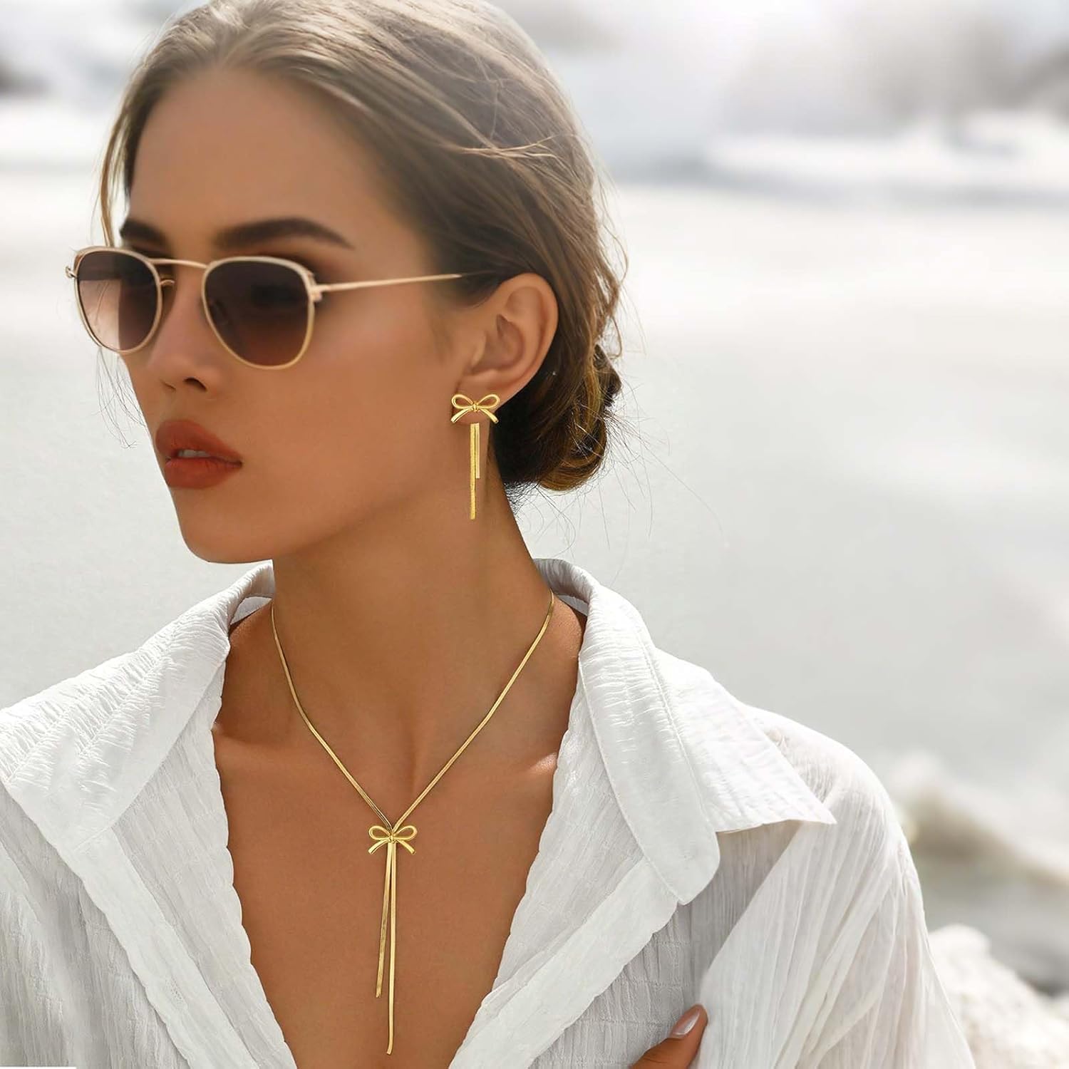 YANCHUN Gold Bow Necklace Earrings Set Dangle Drop Tassel Dainty Elegant Statement Earrings Necklace Dress for Women Accessories Jewelry Gifts - Image 7