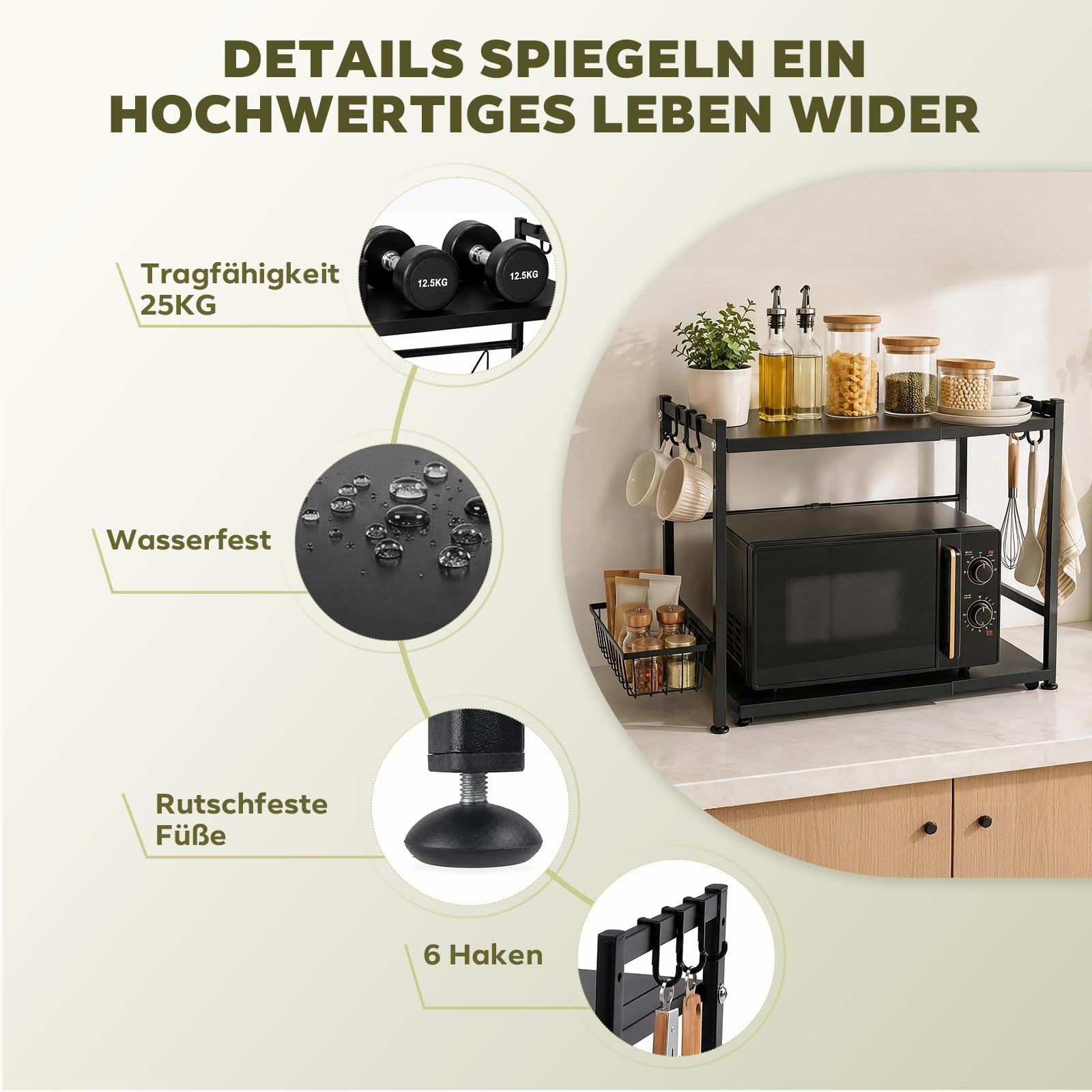 Verstellbarer Mikrowellenständer mit Ausziehablage, Korb & Haken