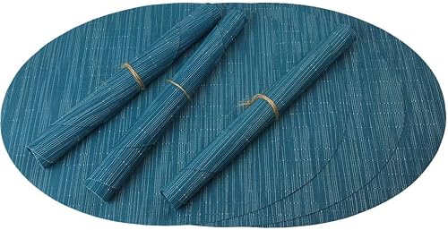 Miniatura 3 de Juego de 6 manteles individuales de vinilo tejido ovalado de bambú de imitación rojo A, resistentes al calor, lavables para mesa de cocina, color