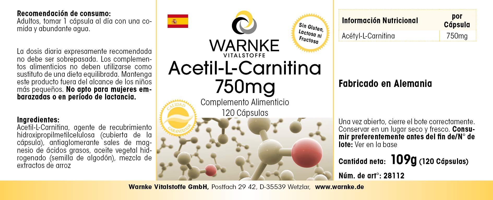 acetil l carnitina en farmacias Acetil-L-Carnitina 750mg – Altamente dosificada – Vegana – 120 Cápsulas |  Warnke Vitalstoffe