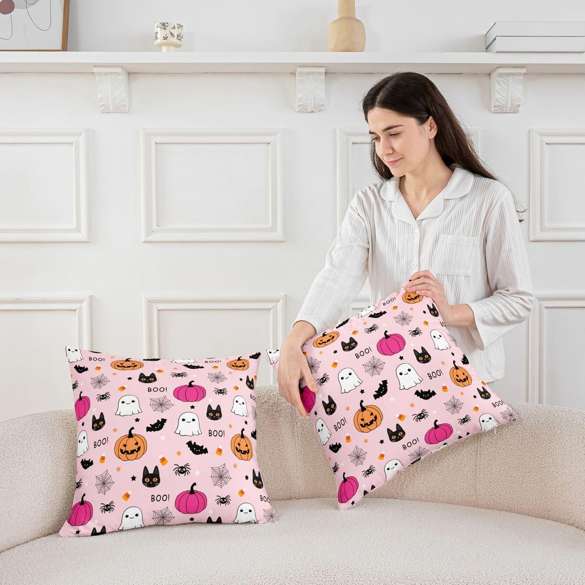 Castle Fairy Ghost Pumpkin Throw Pillow Cover,Star Cat Bat Spider Cushion Cover 24"x24" for Women Teens Boys,Halloween Theme Pillowcase for Car RV Livingroom,Pink Orange Pillow Cover,Single Pack image 3