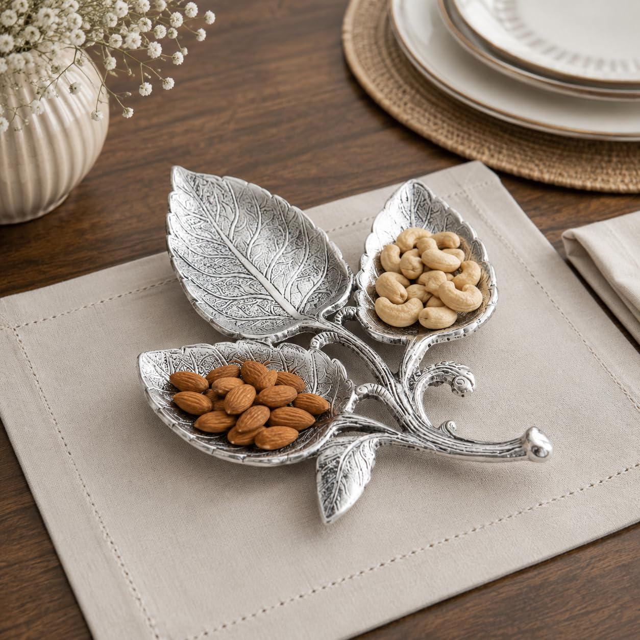 Vintage Silver Leaf Serving Tray - 3 Compartment Dry Fruit Bowl -5