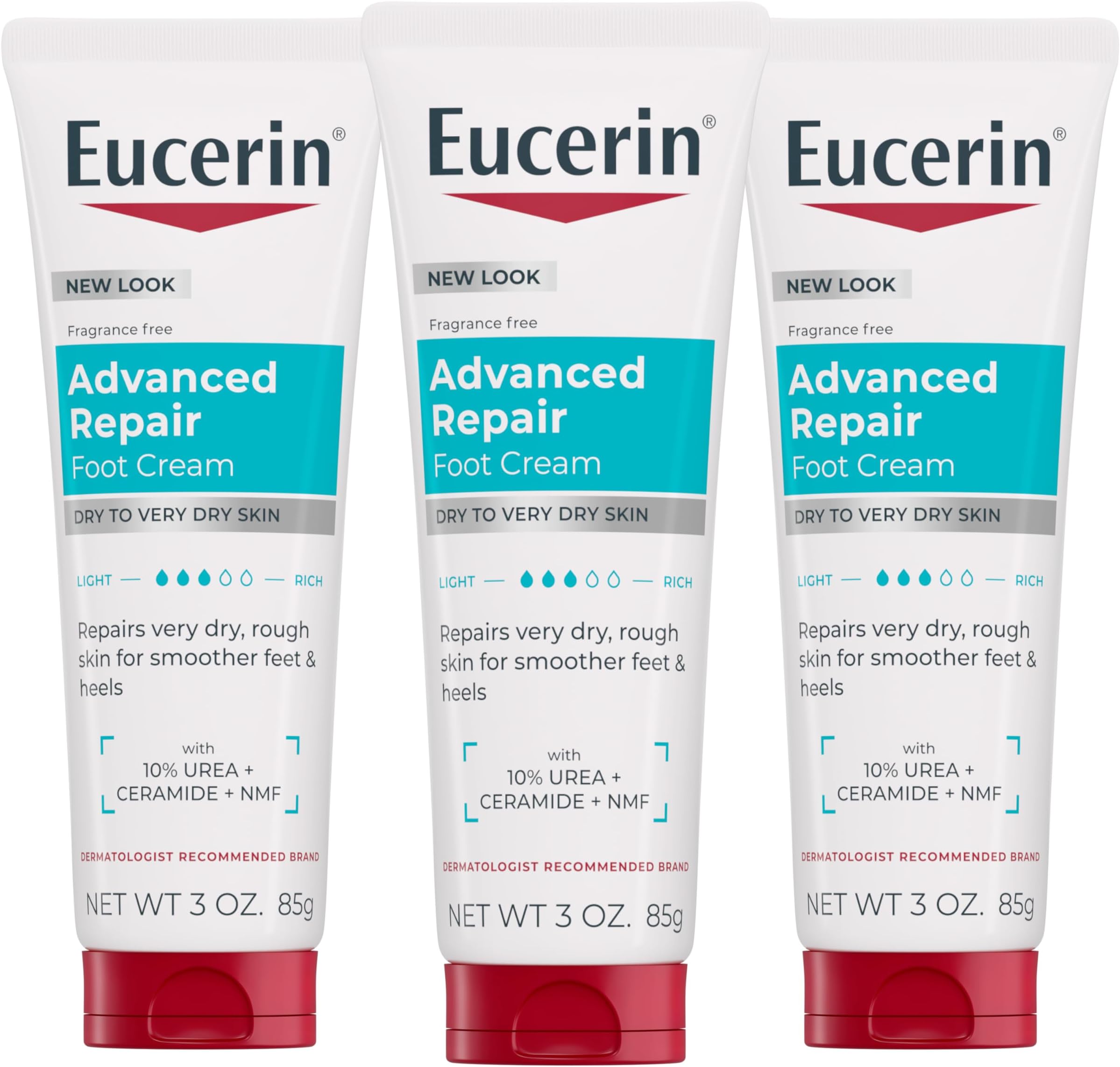 Advanced Repair Foot Cream for Dry Feet and Heels, Repairs Very Dry, Rough Skin, Fragrance Free, Non Greasy, Fast Absorbing, Travel Size Lotion, 3 Oz Tube, Pack of 3