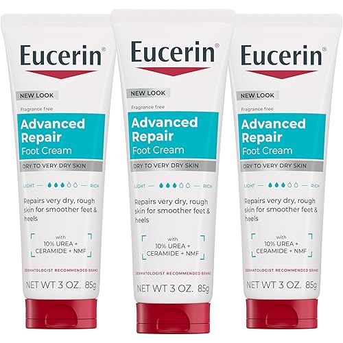 Eucerin Advanced Repair Foot Cream for Dry Feet and Heels, Repairs Very Dry, Rough Skin, Fragrance Free, Non Greasy, Fast Absorbing, Travel Size Lotion, 3 Oz Tube, Pack of 3