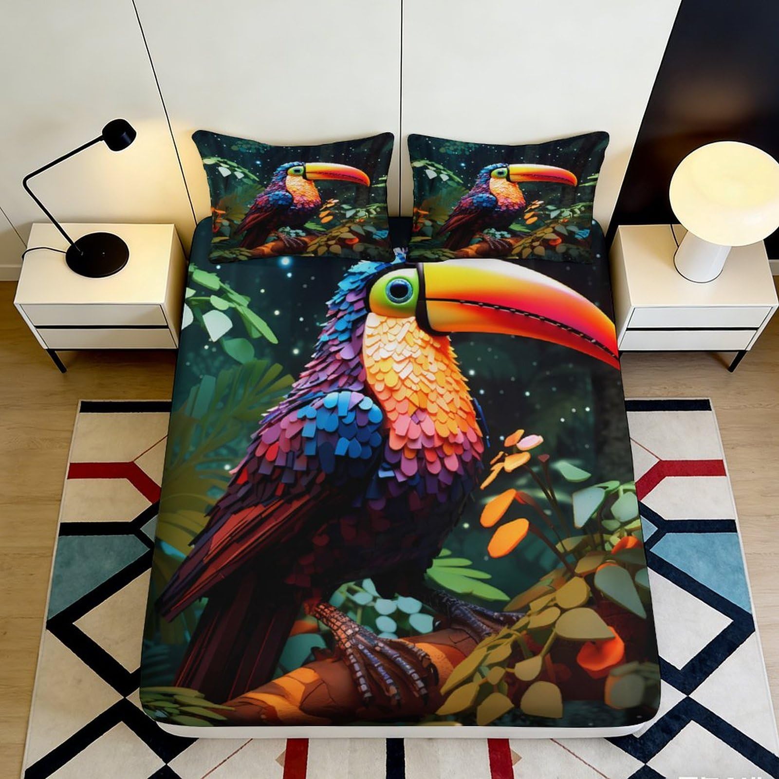 3D Printed Tropical Toucan Fitted Sheet Microfiber Soft Anti-Slip Rainforest Bed Cover for Bedroom Dorm Guest Room Decor 90x200x25cm