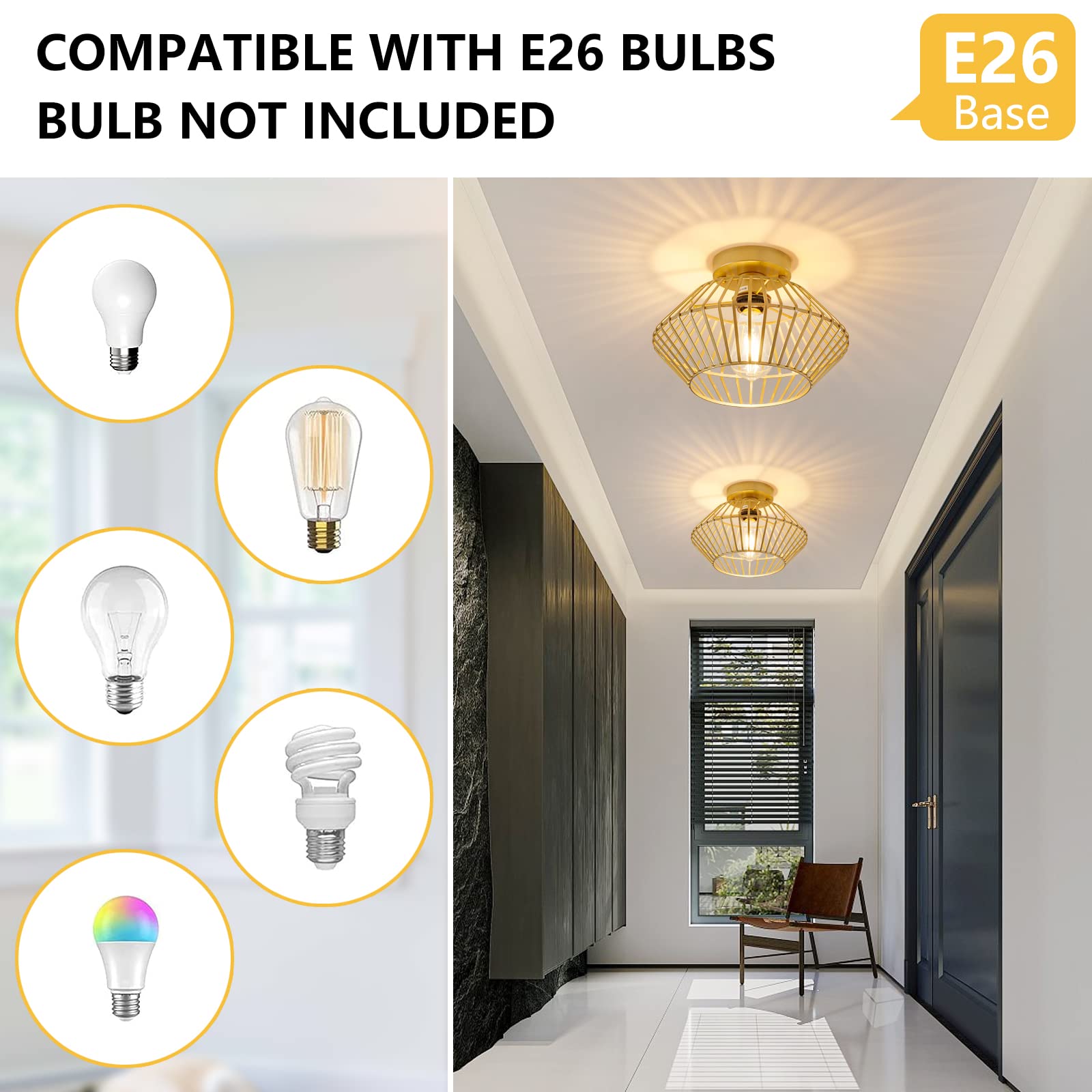 SGLfarmty Modern Gold Flush Mount Ceiling Light, Metal Cage Ceiling Light Fixture, Vintage Flush Mount Lighting, Mid Century Light Fixture for Hallway, Bedroom, Kitchen, Entryway