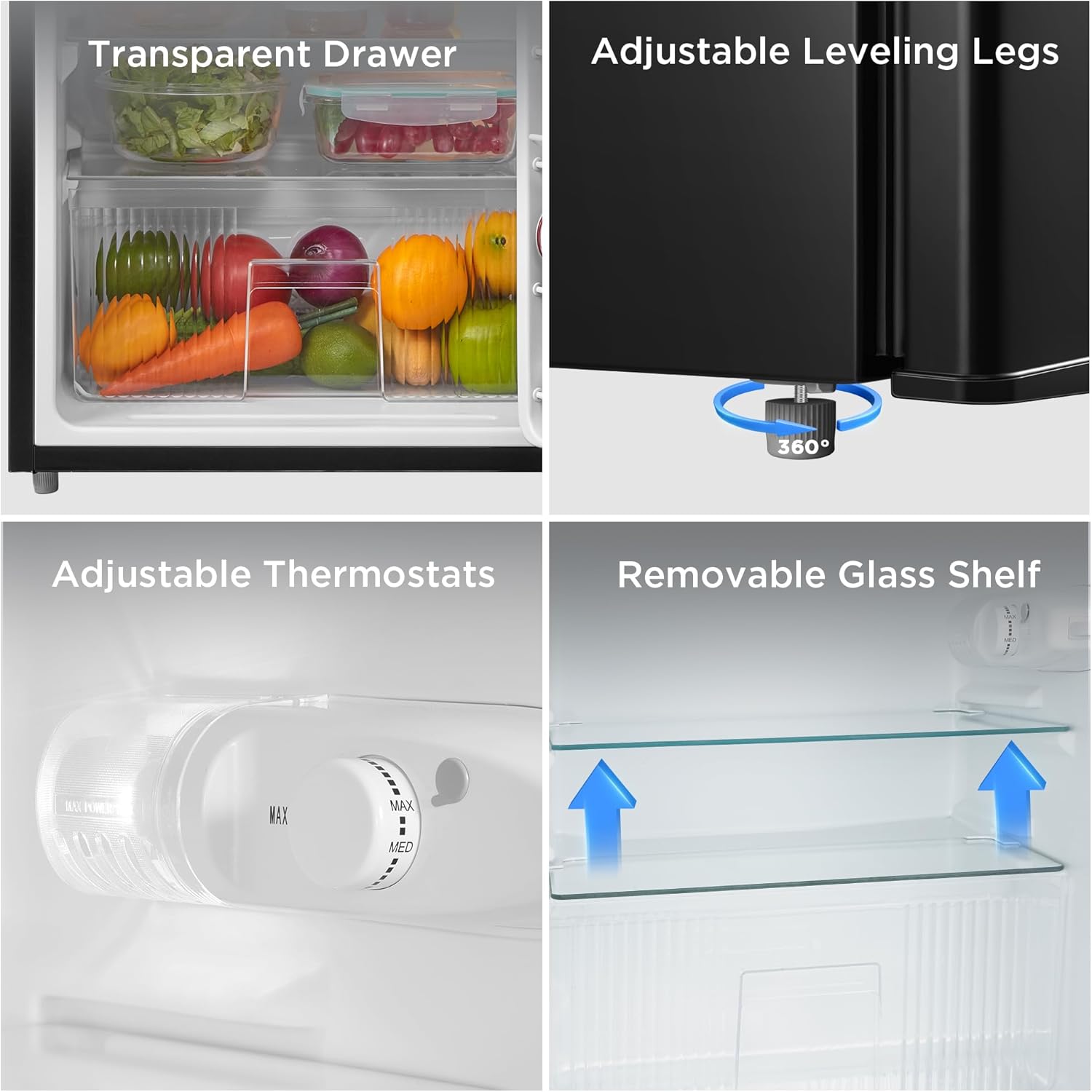 Midea WHD-113FB1 Double Door Mini Fridge with Freezer for Bedroom Office or Dorm with Adjustable Remove Glass Shelves Compact Refrigerator, 3.1 cu ft, Black