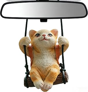 Swinging Orange Cat Car Mirror Ornament Resin | Rear View Hanging Decor with Backpack Holder, Cute Figurine for Home Office Garden, Gifts for Cat Lovers