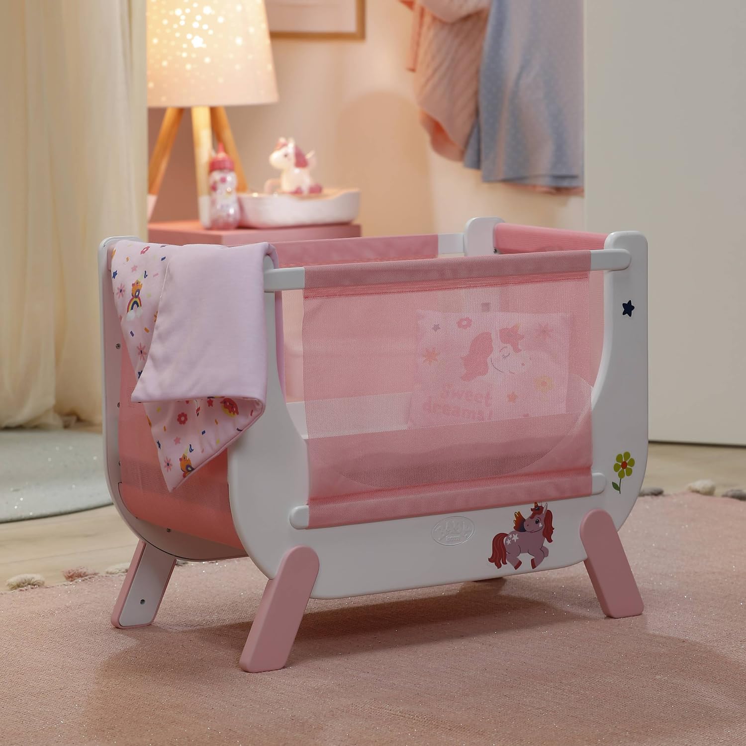 BABY born Cuna colecho para muñecas de 36 y 43 cm | Altura regulable, diseño de unicornio, para muñecas de 36 y 43 cm