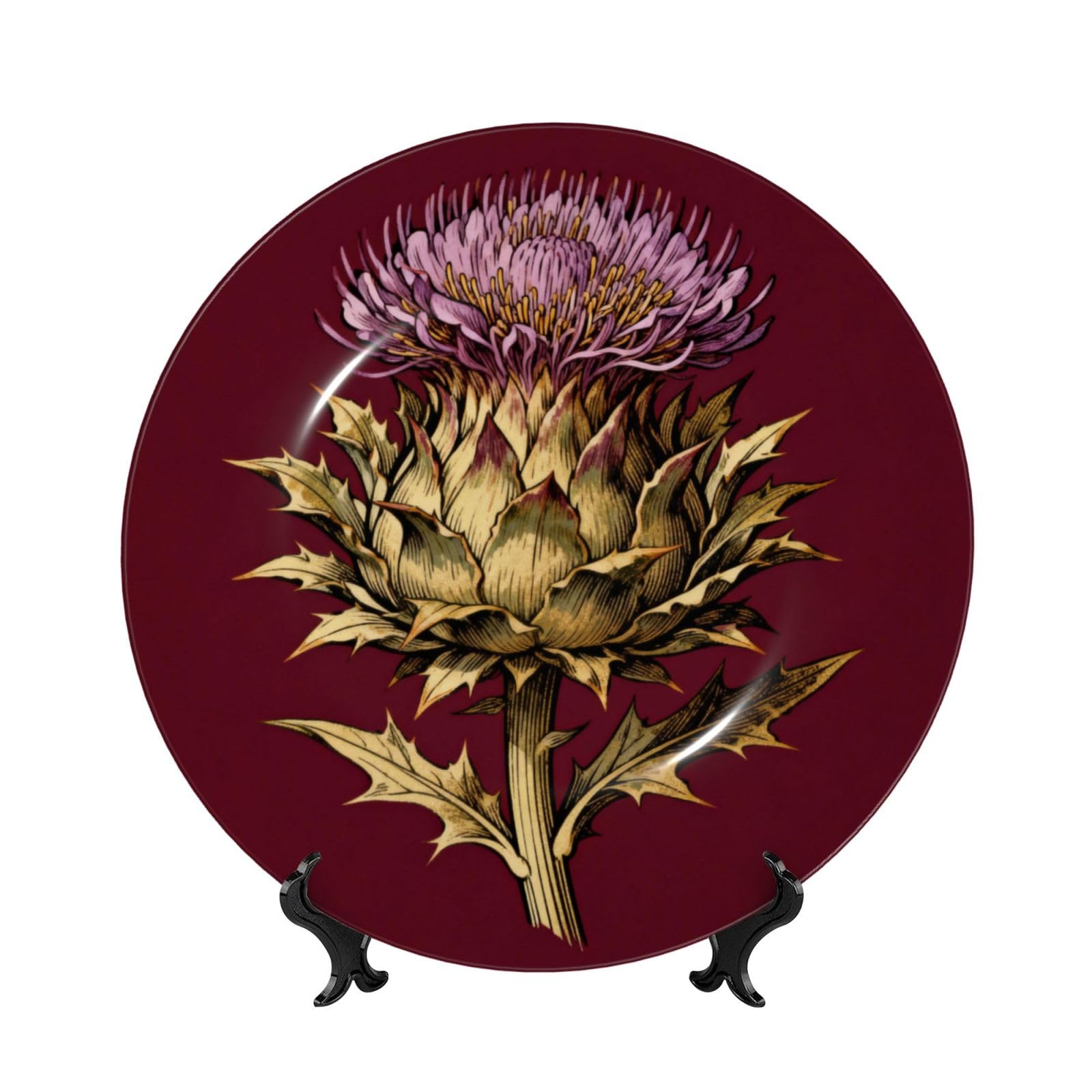 SXZVVBN Noble Thistle Bone China Decorative Plate Art with Stand Removable Adhesive Hanging for Home Office 10in（25cm）