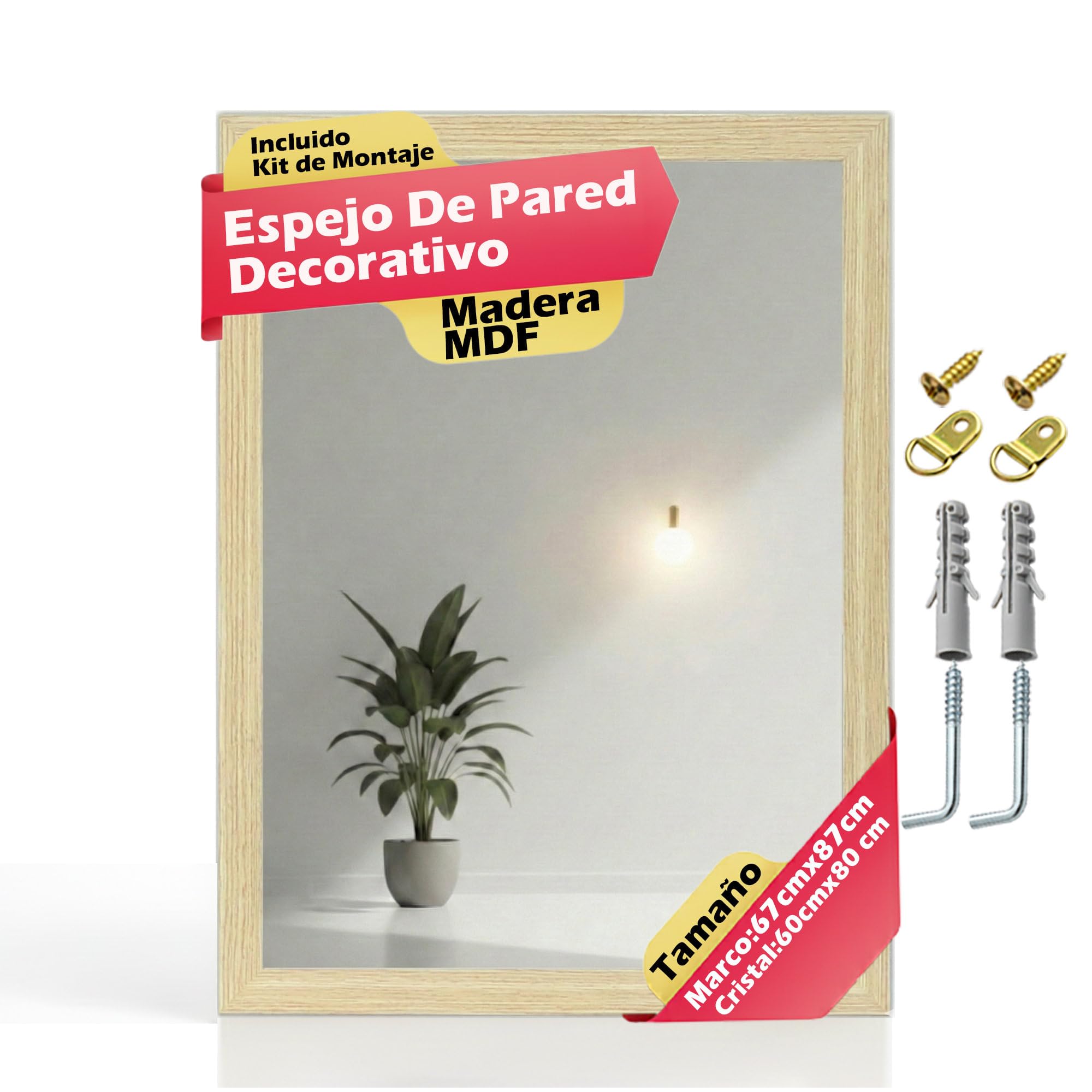 CHELY INTERMARKET MOD128 Espejo Pared Vertical Decorativo Grande Estilo Moderno Marco Madera Cuerpo Entero Elegante 60x80 cm Haya Ideal Recibidor Dormitorio Baño Incluye Kit Montaje