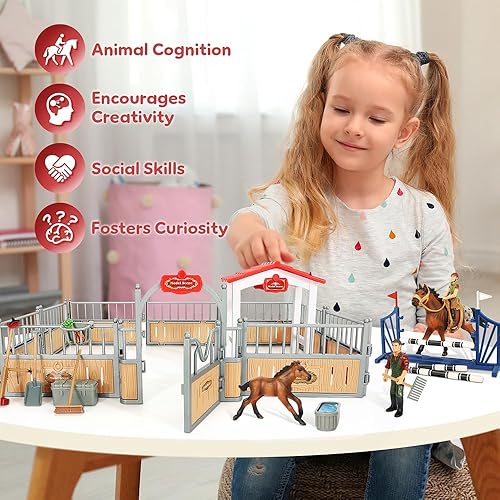 Miniatura 4 de Juego de establo para caballos, juguetes de caballos para niñas y niños con jinete, figuras de animales de granja, juguetes de juego de simulación