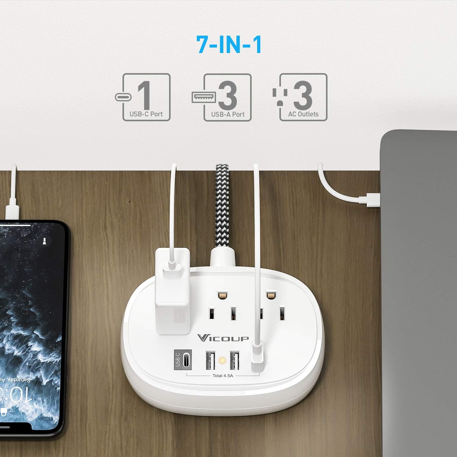 Power Strip with USB C, VICOUP Flat Plug 5ft Long Extension Cord with 3 Outlet 4 USB Ports 4.5A, Non-Slip Desktop USB Charging Station for Dorm Essentials, Home & Office, Travel